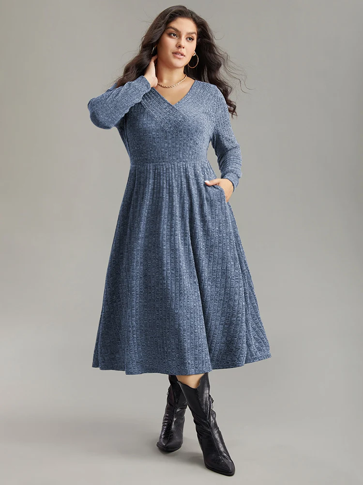 Rib Knit Plain Plisse Long Sleeve Dress - Image 11