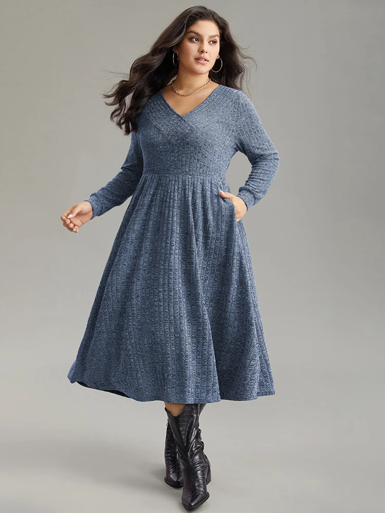 Rib Knit Plain Plisse Long Sleeve Dress - Image 13