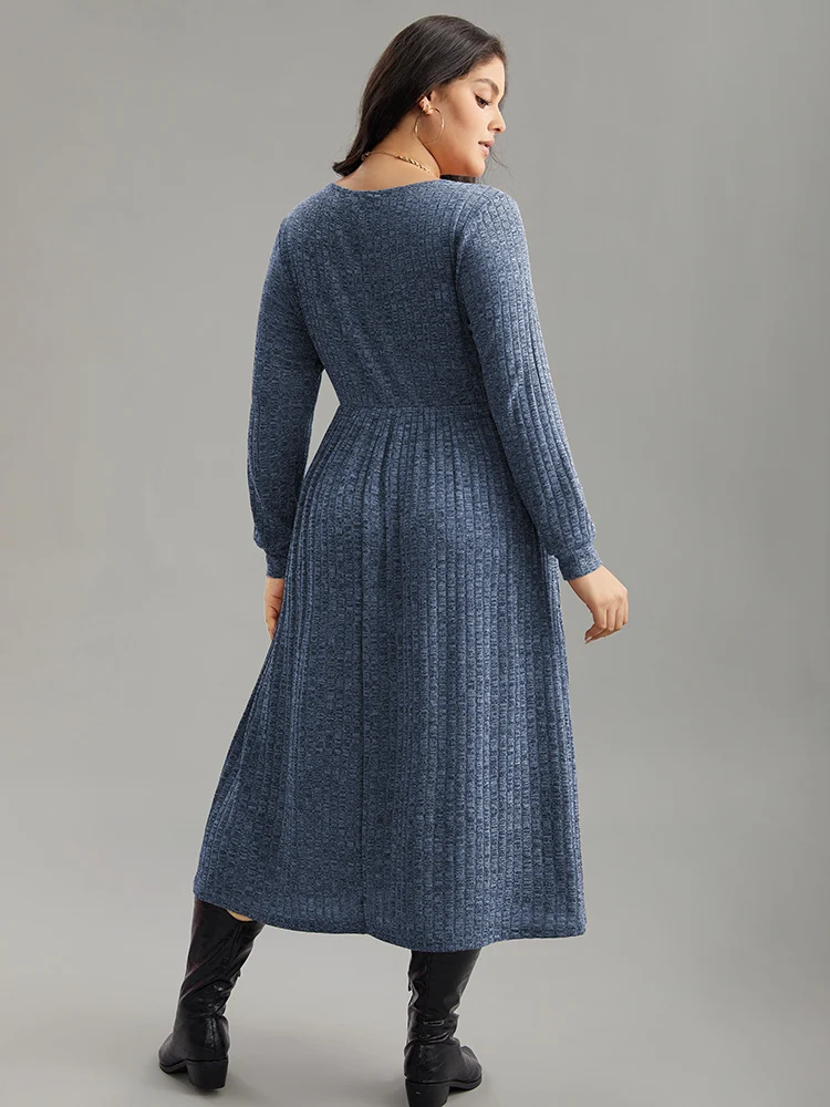 Rib Knit Plain Plisse Long Sleeve Dress - Image 14