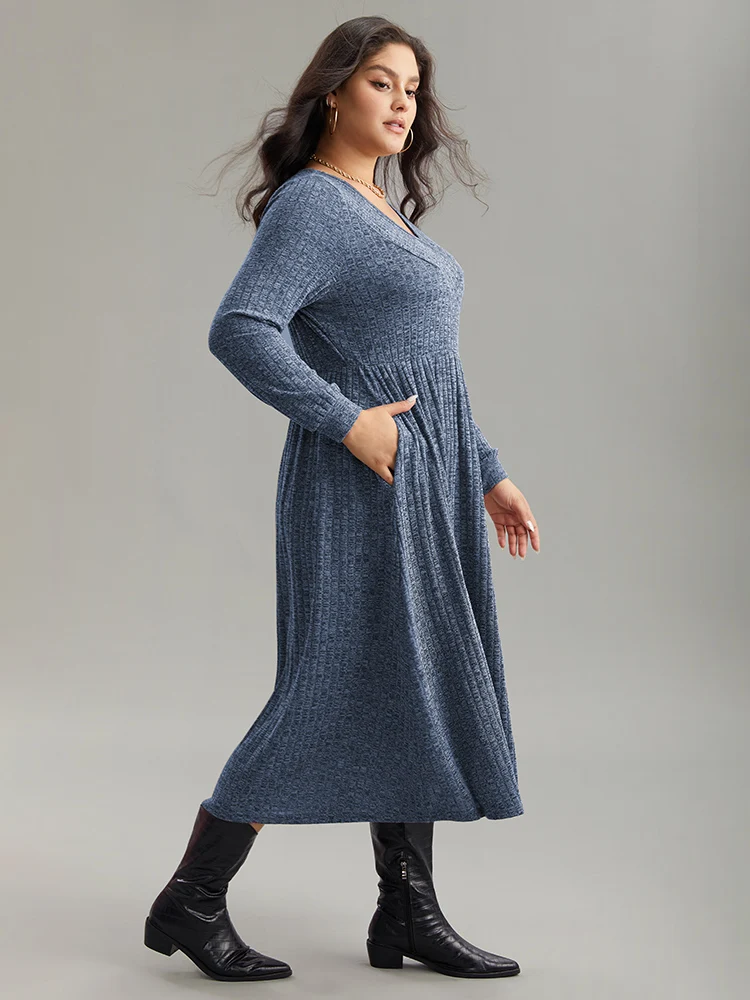 Rib Knit Plain Plisse Long Sleeve Dress - Image 15