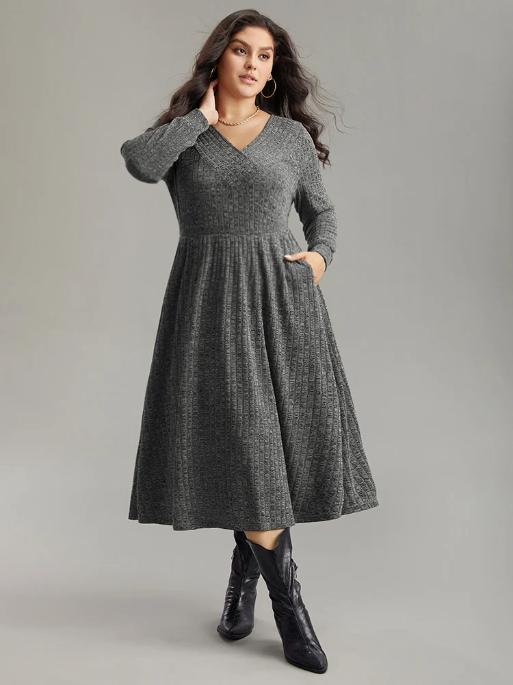 Rib Knit Plain Plisse Long Sleeve Dress - Image 16