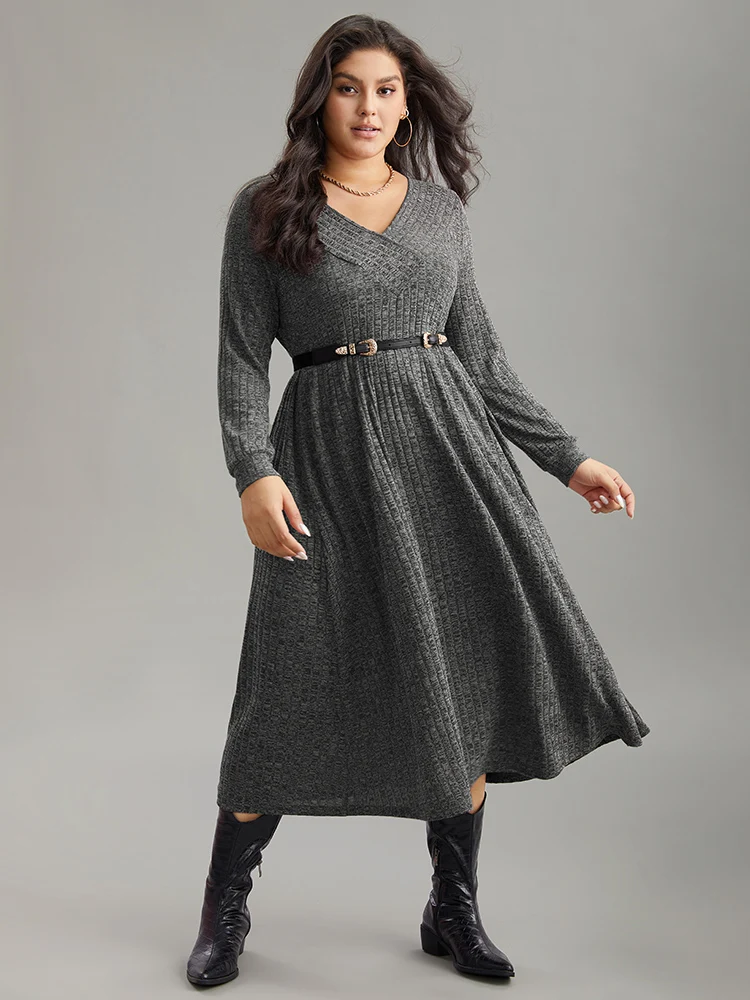 Rib Knit Plain Plisse Long Sleeve Dress - Image 17