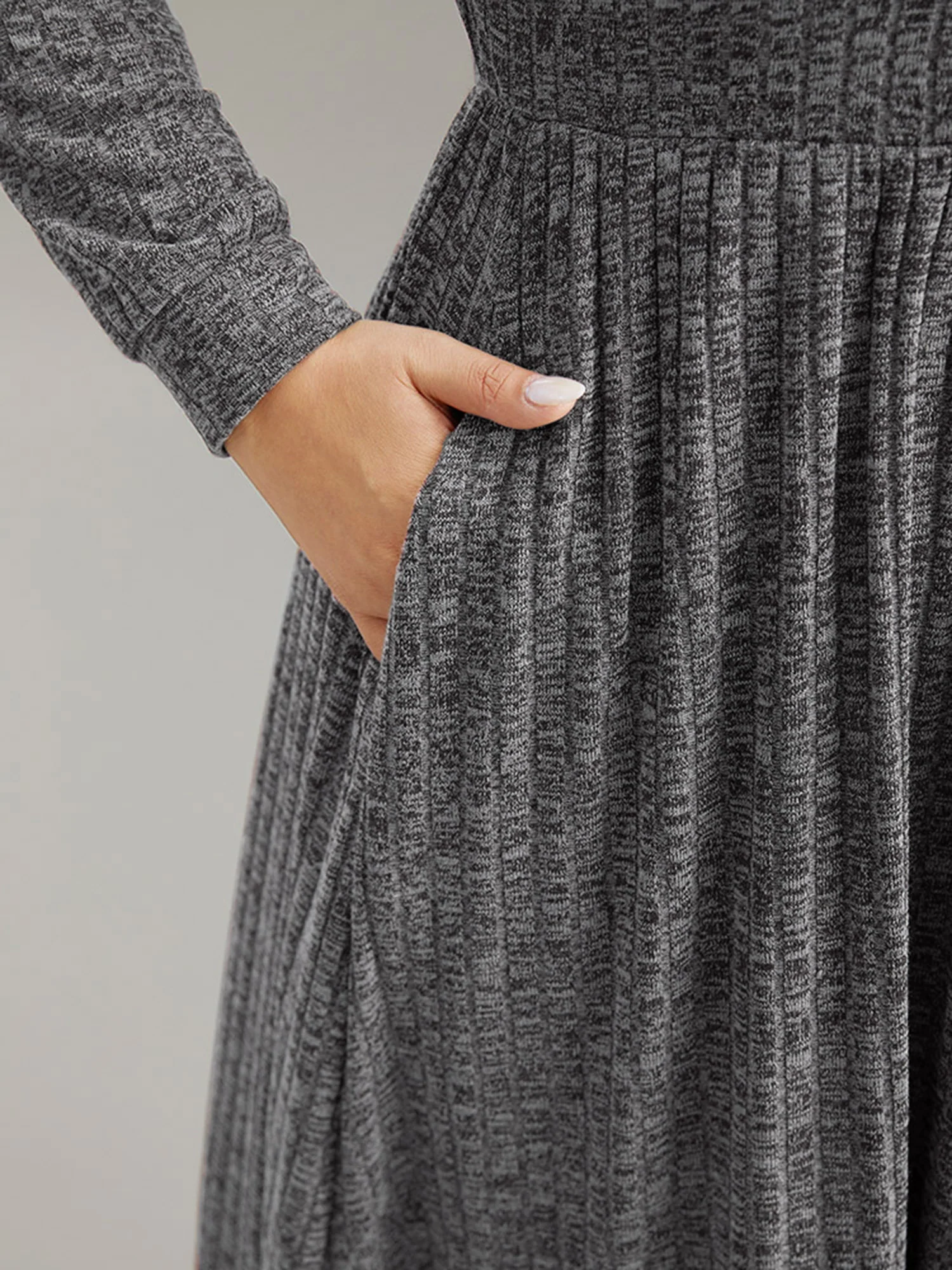 Rib Knit Plain Plisse Long Sleeve Dress - Image 18