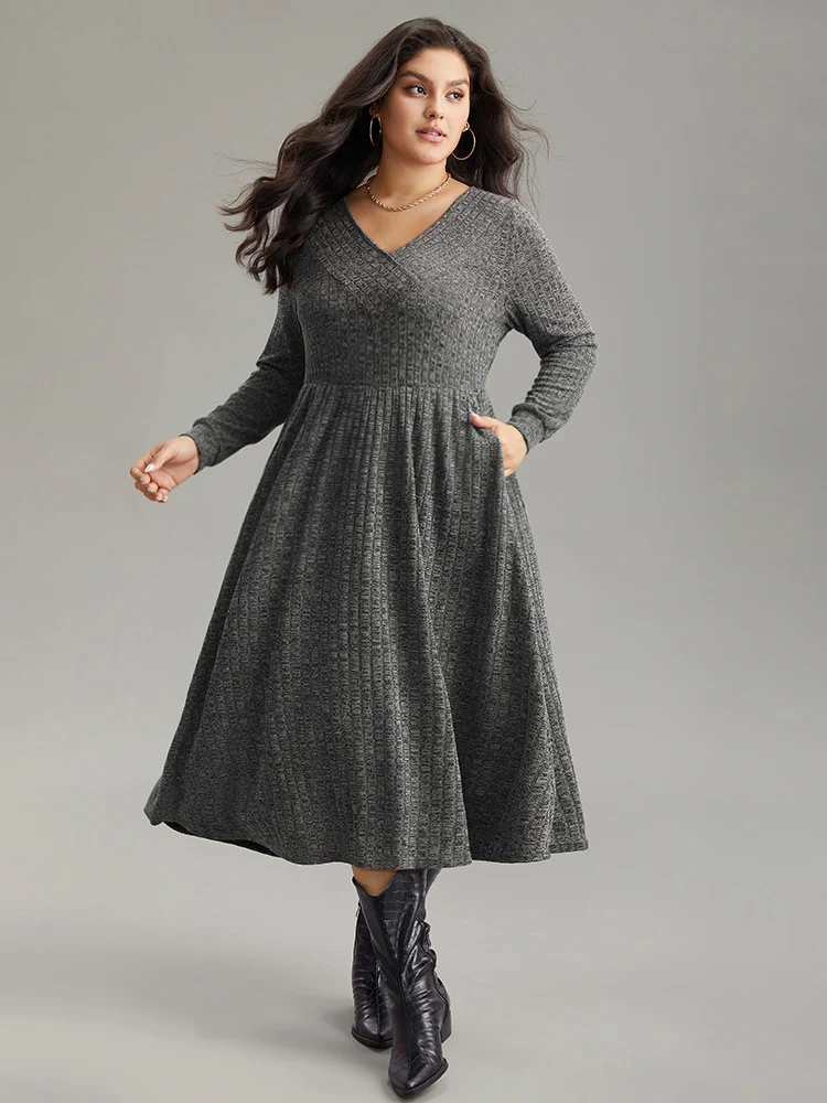 Rib Knit Plain Plisse Long Sleeve Dress - Image 19