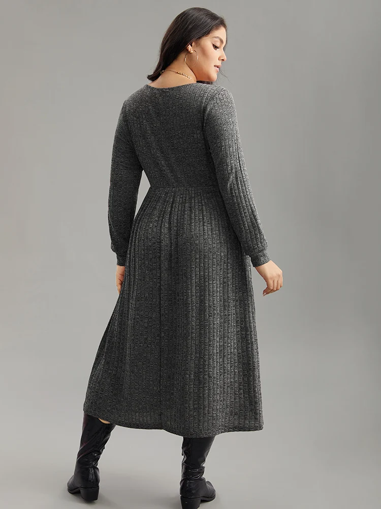 Rib Knit Plain Plisse Long Sleeve Dress - Image 20