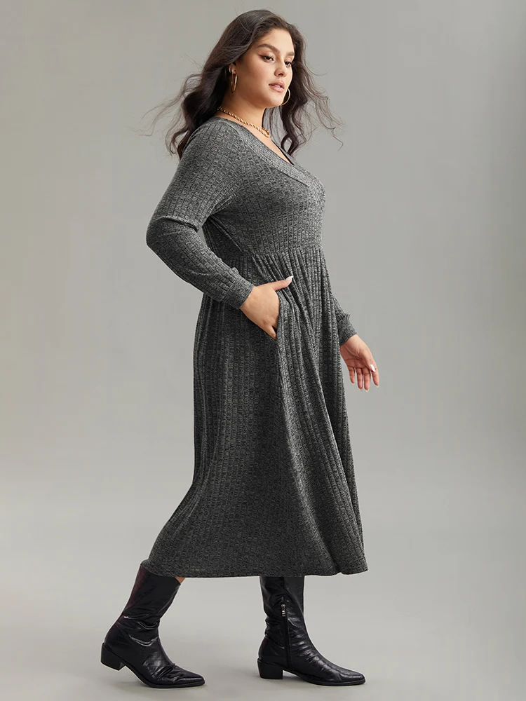 Rib Knit Plain Plisse Long Sleeve Dress - Image 21