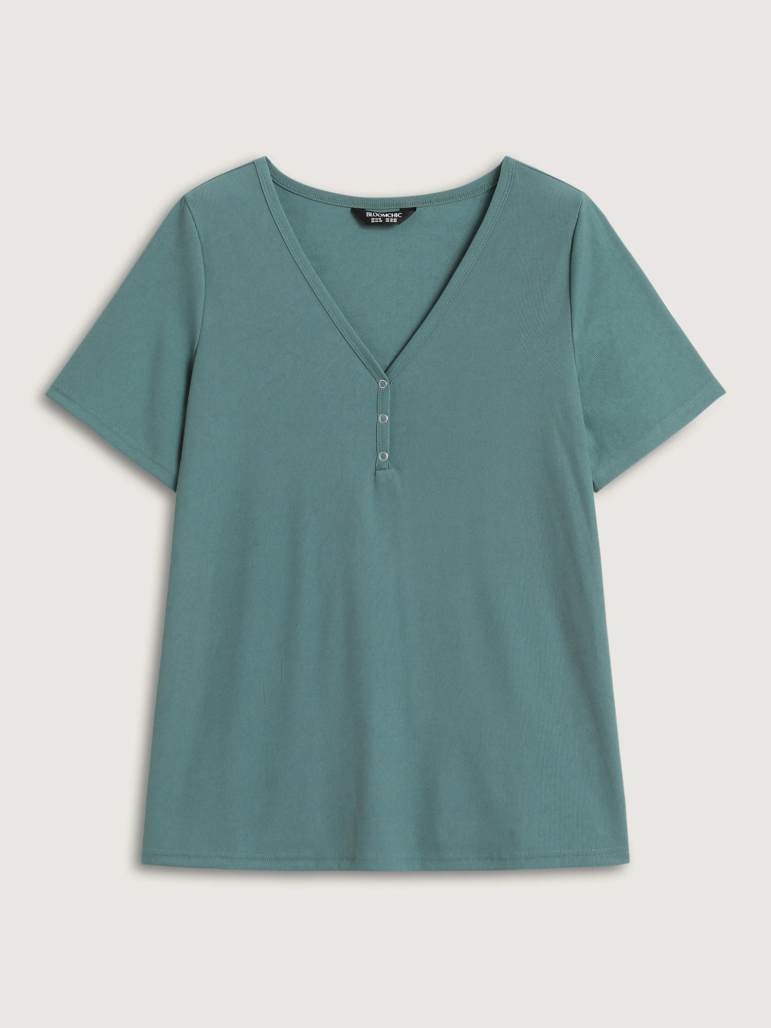 Ribbed Button V-Neck Knit T-Shirt - Image 6