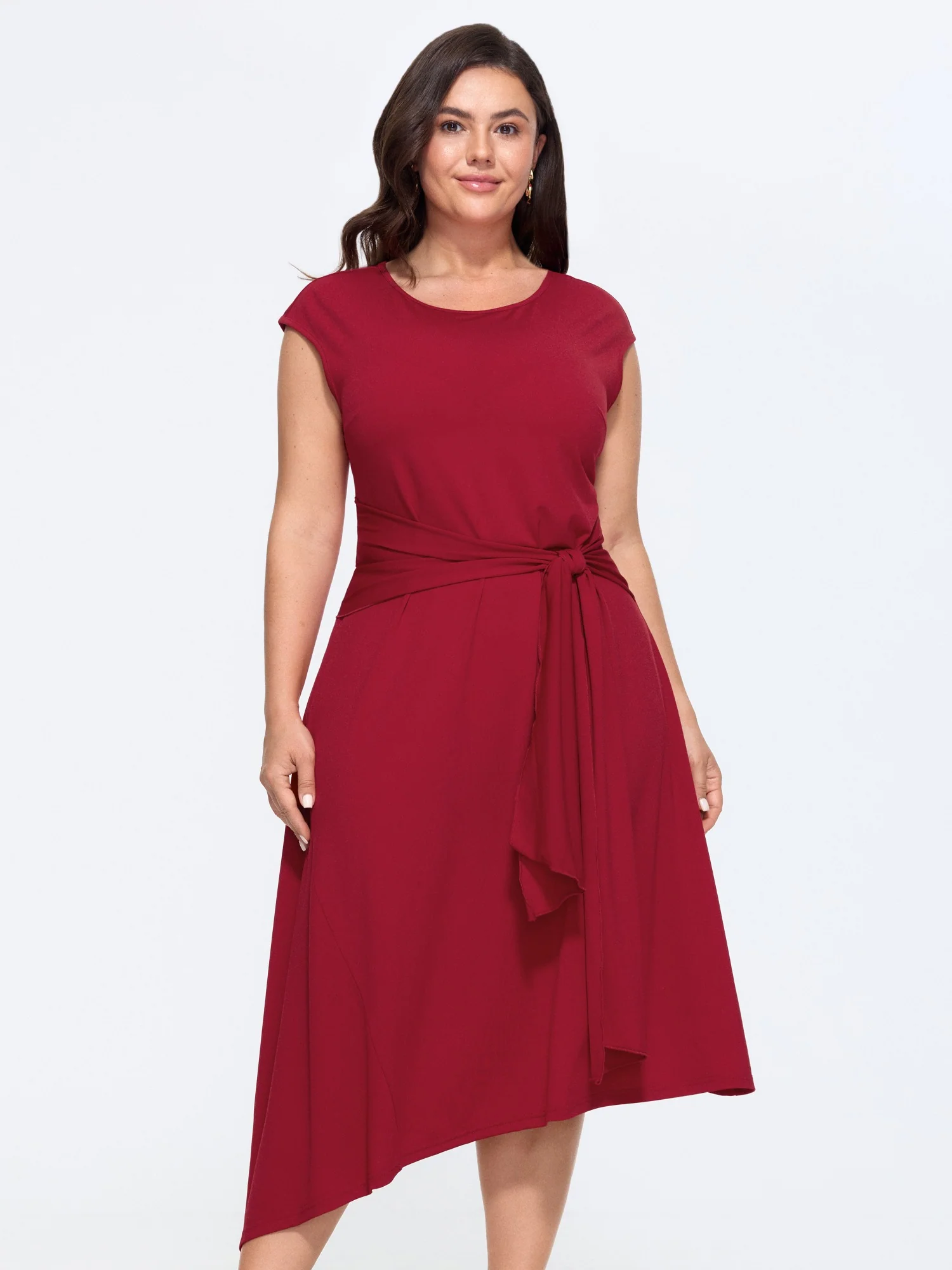 Round Neck Self Tie Waist Asymmetrical Hem Midi Dress - Image 3
