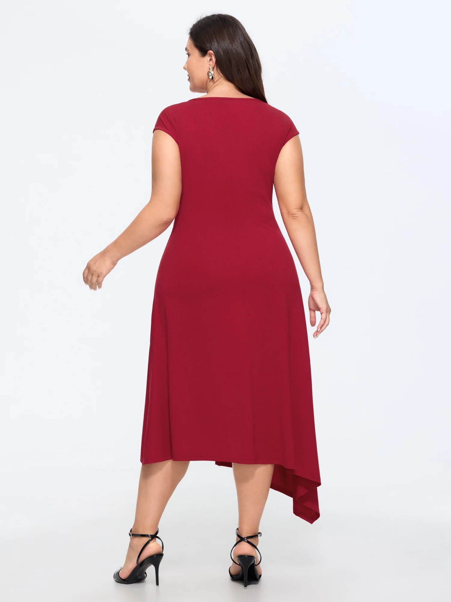 Round Neck Self Tie Waist Asymmetrical Hem Midi Dress - Image 4