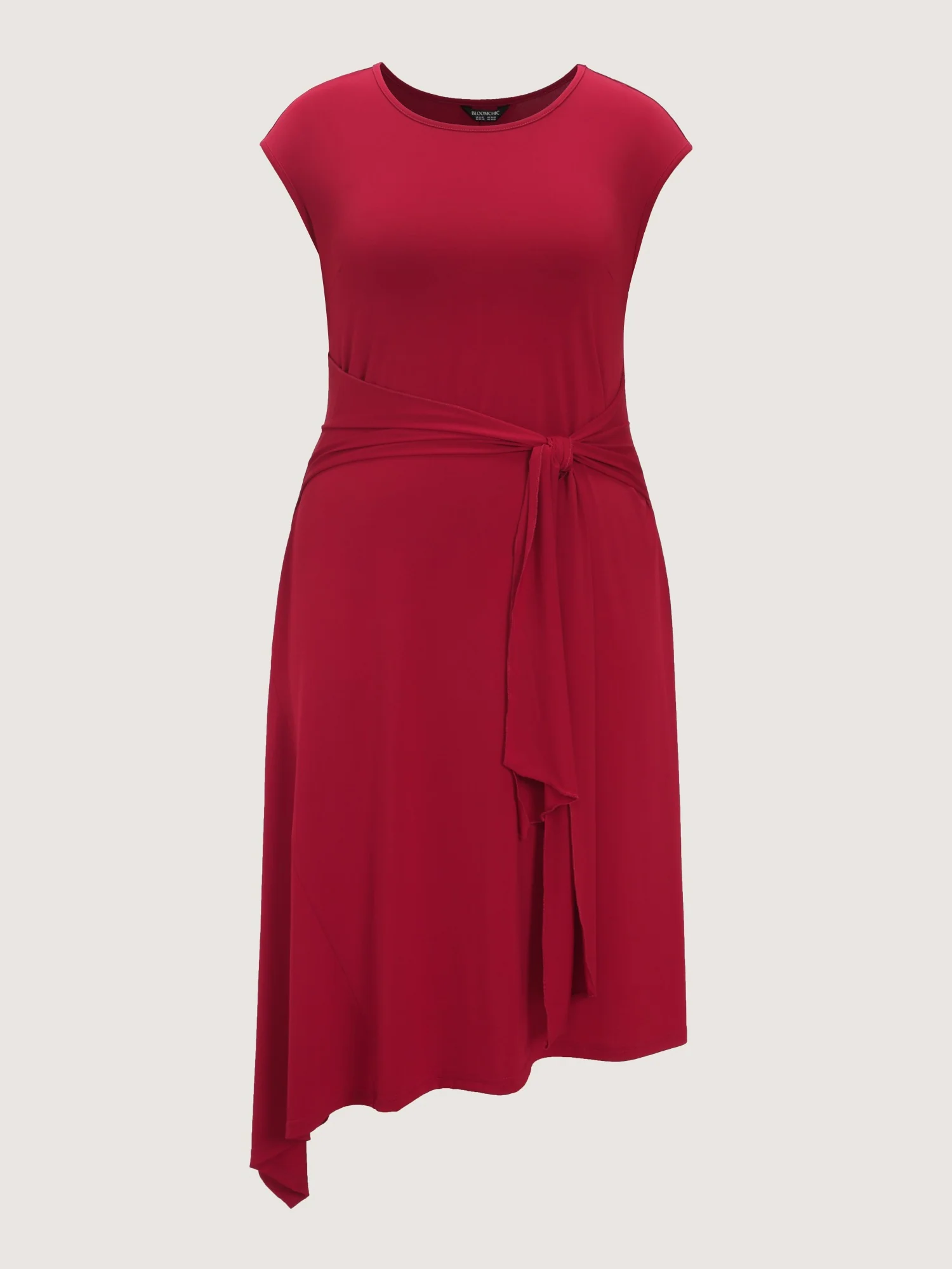 Round Neck Self Tie Waist Asymmetrical Hem Midi Dress - Image 7