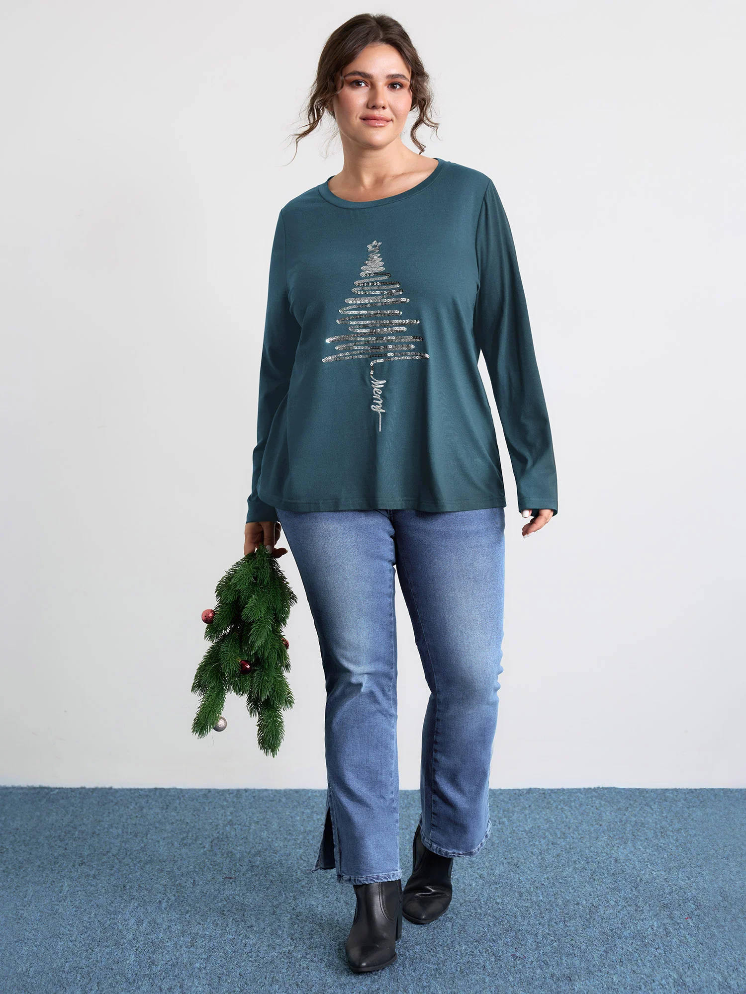 Sequin Cord Embroidered Tree Round Neck T-Shirt - Image 3