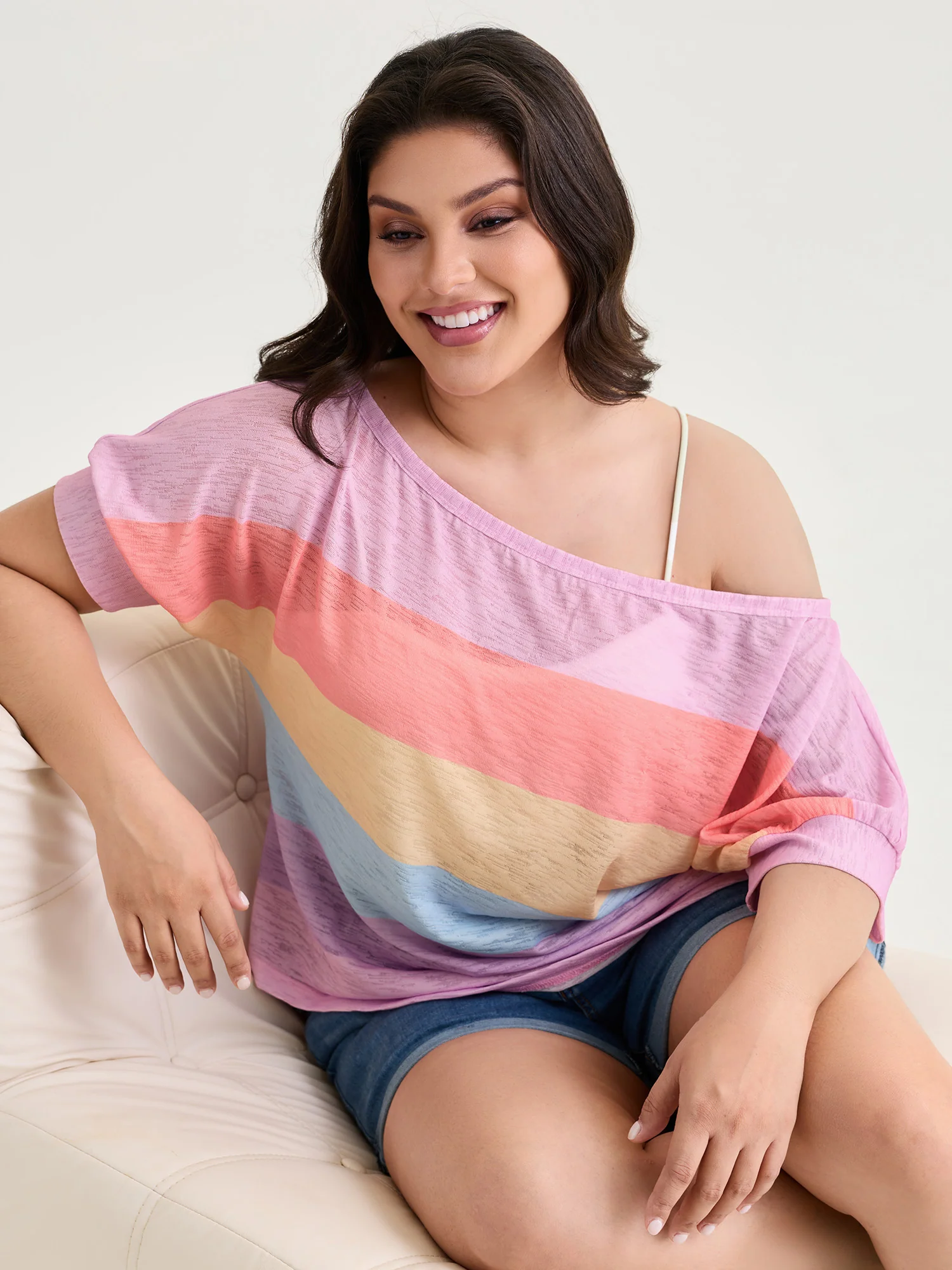 Sheer Colorblock One-Shoulder T-Shirt