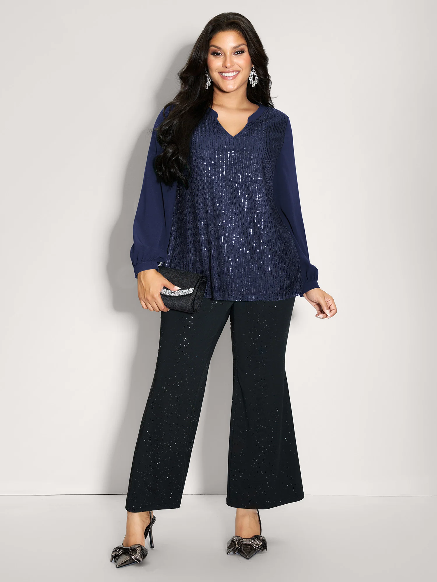 Shimmery Sequin Notched Collar Blouse - Image 12