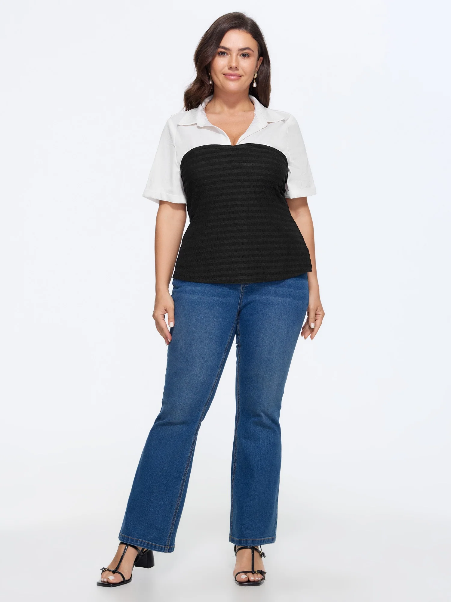 Shirt Collar Color Block Patchwork Top - Image 3