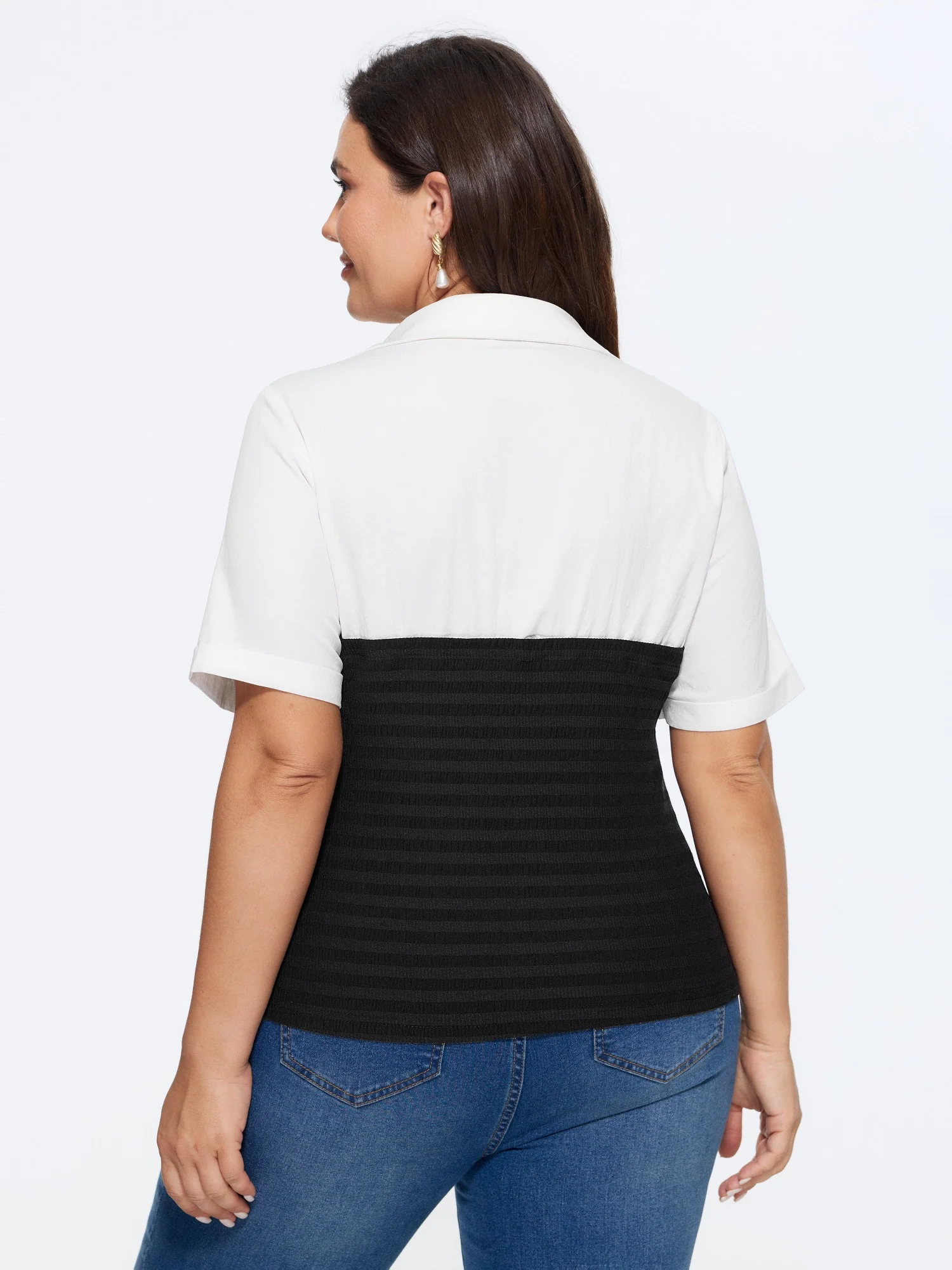 Shirt Collar Color Block Patchwork Top - Image 4