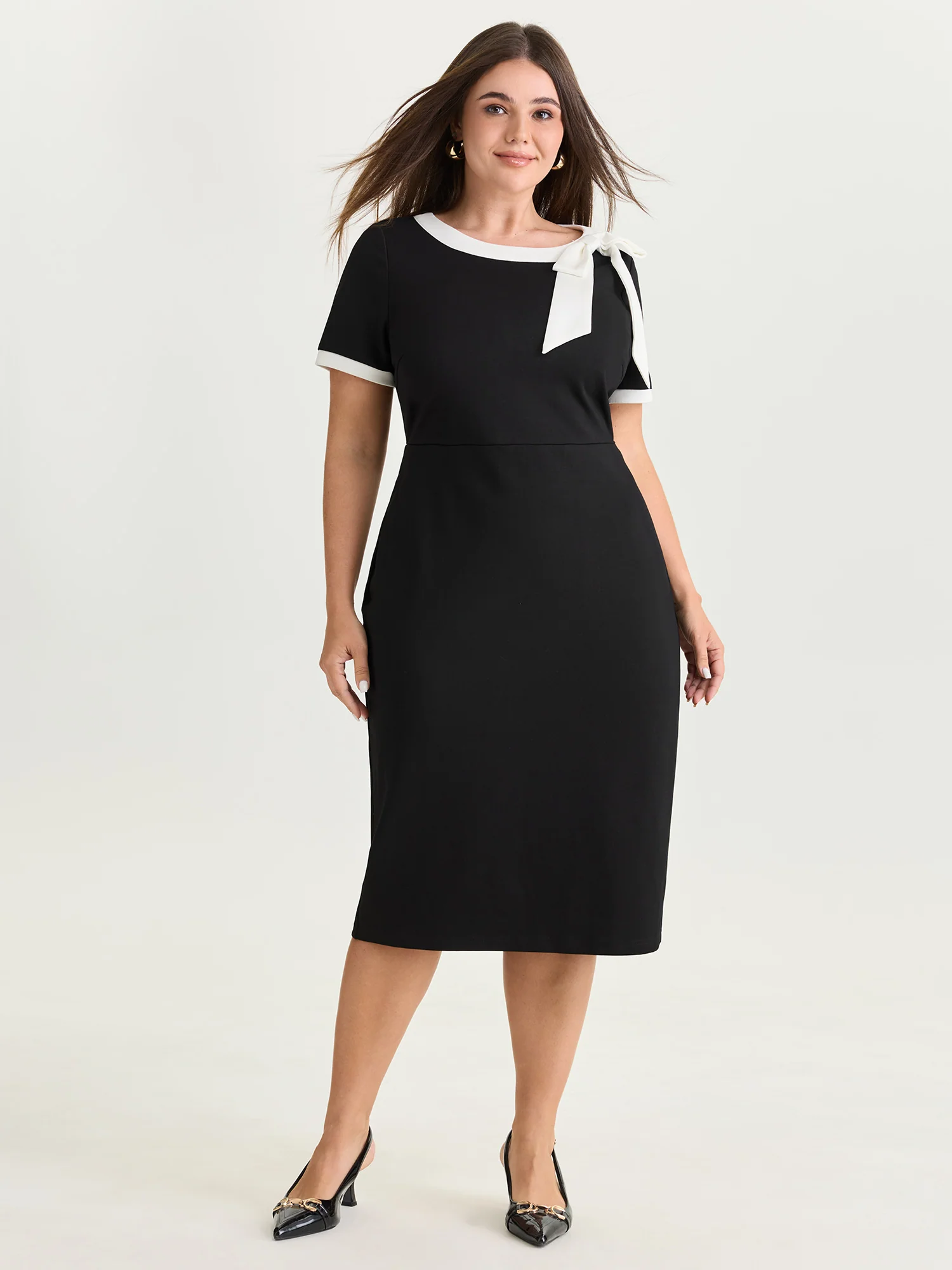 Side Bowknot Color Contrast Midi Dress