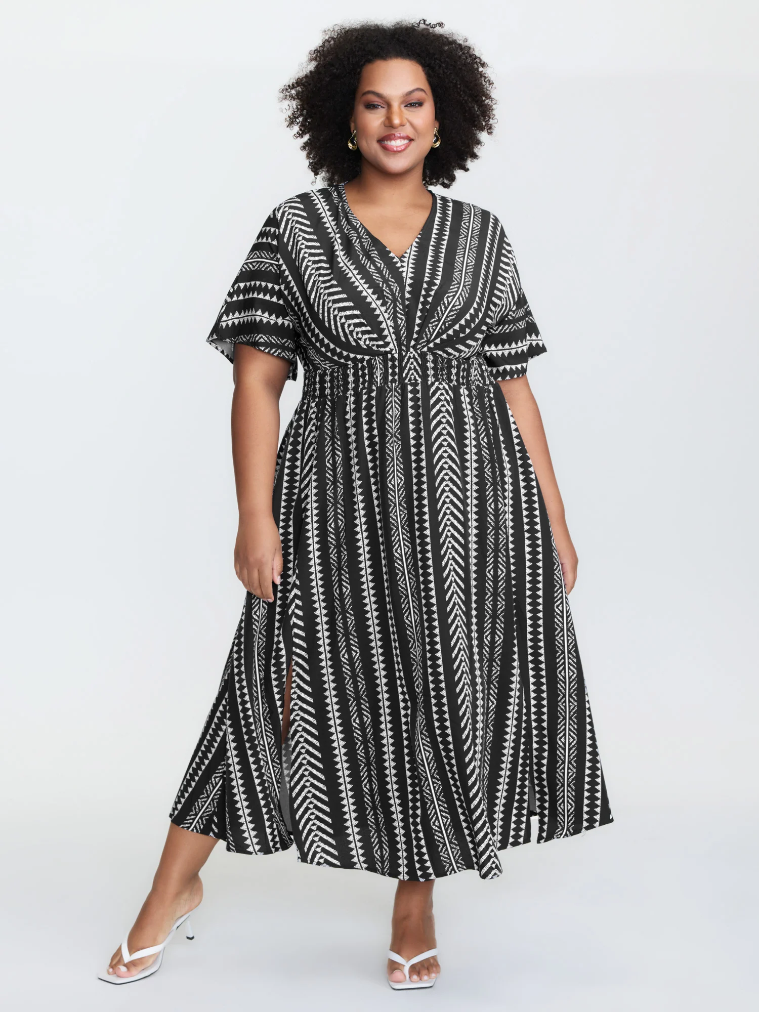Solid Geometric Dolman Sleeve Pocket Shirred Split Hem Dress - Image 10