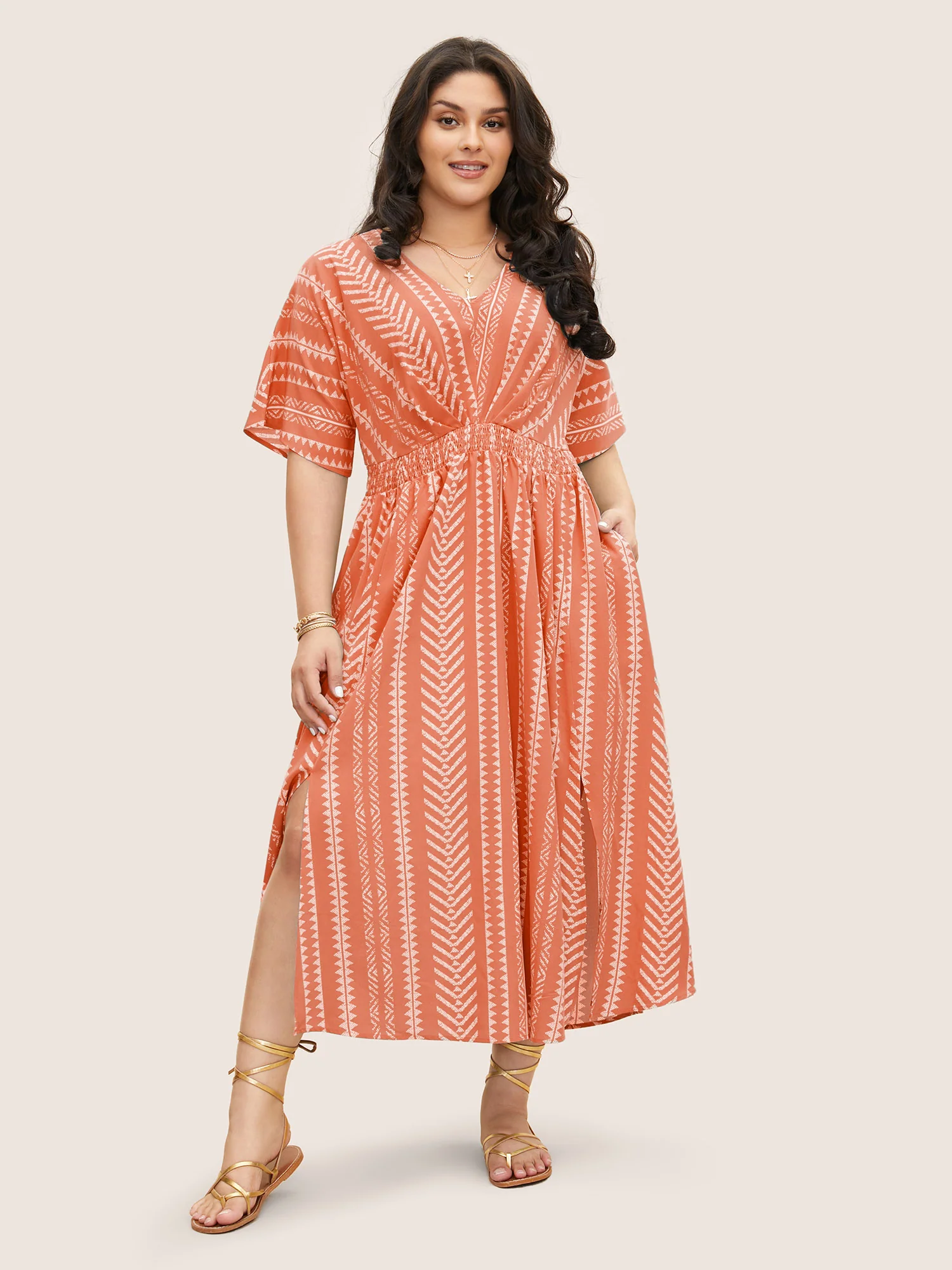 Solid Geometric Dolman Sleeve Pocket Shirred Split Hem Dress - Image 12