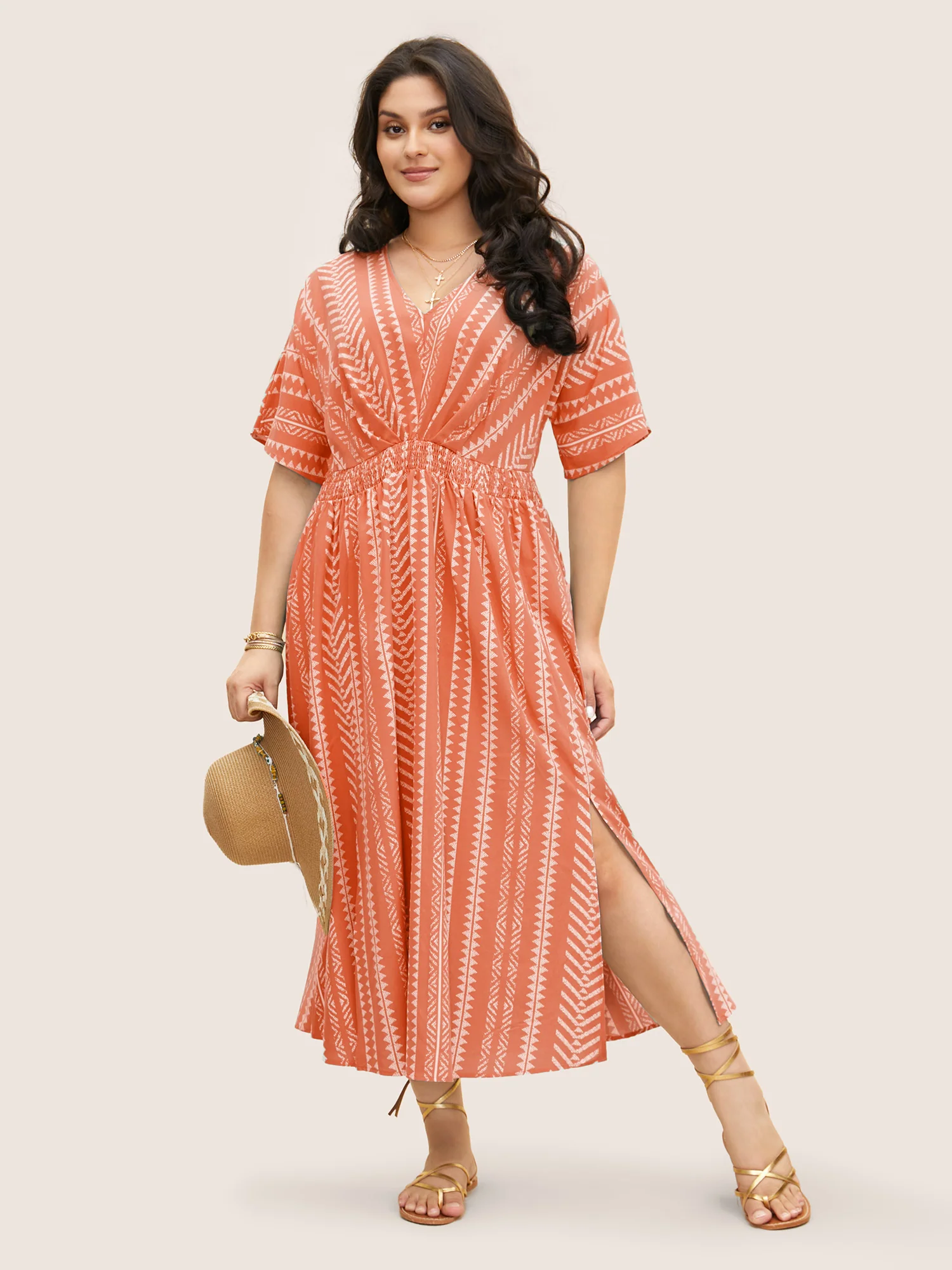 Solid Geometric Dolman Sleeve Pocket Shirred Split Hem Dress - Image 13