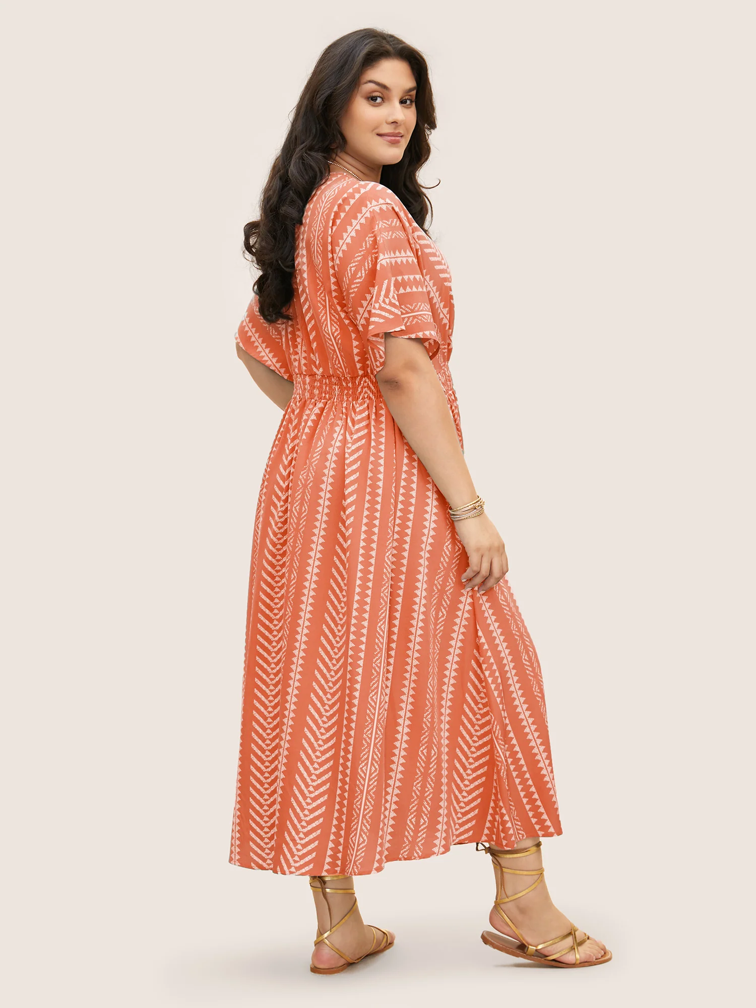 Solid Geometric Dolman Sleeve Pocket Shirred Split Hem Dress - Image 15