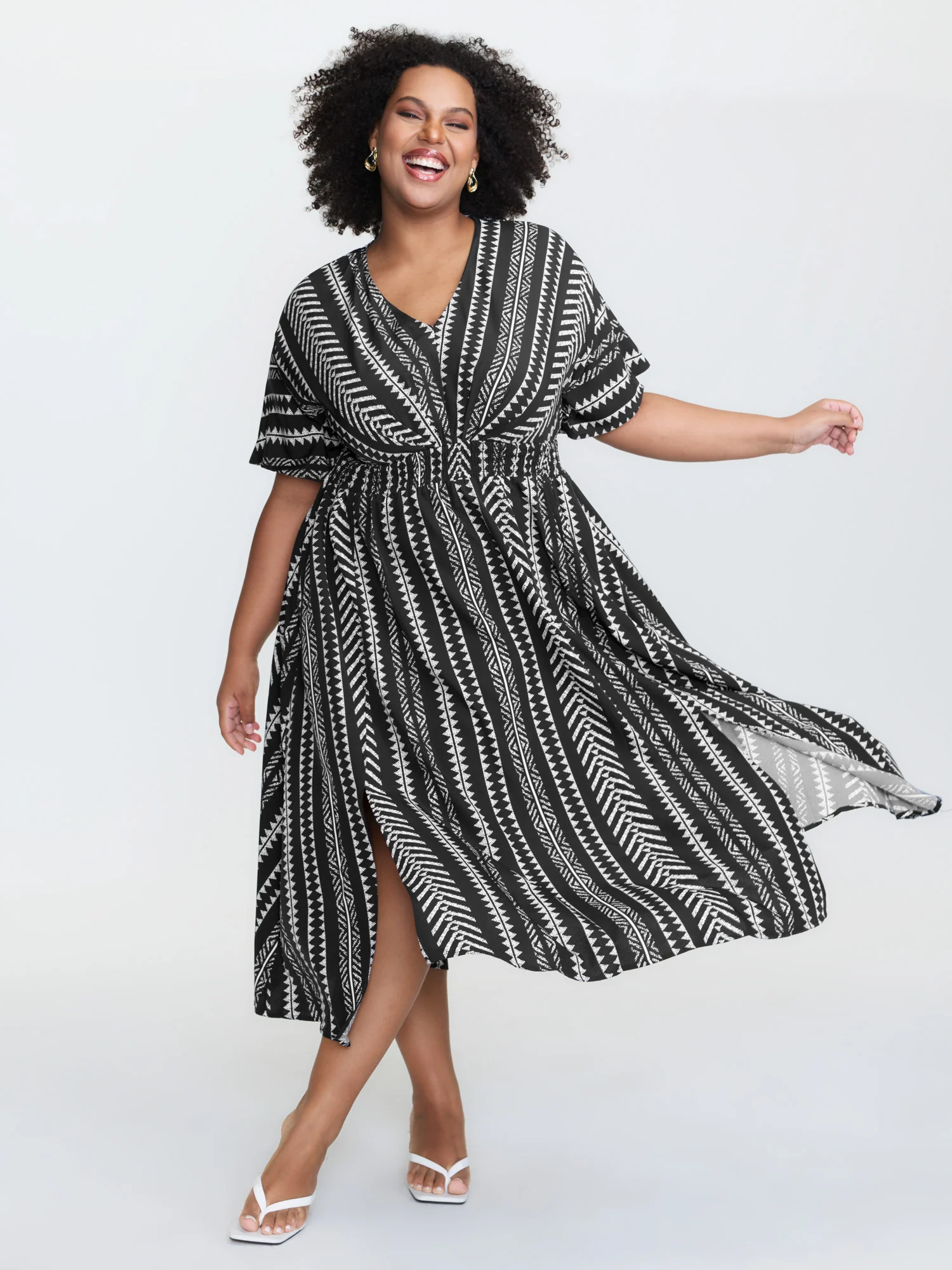 Solid Geometric Dolman Sleeve Pocket Shirred Split Hem Dress - Image 8