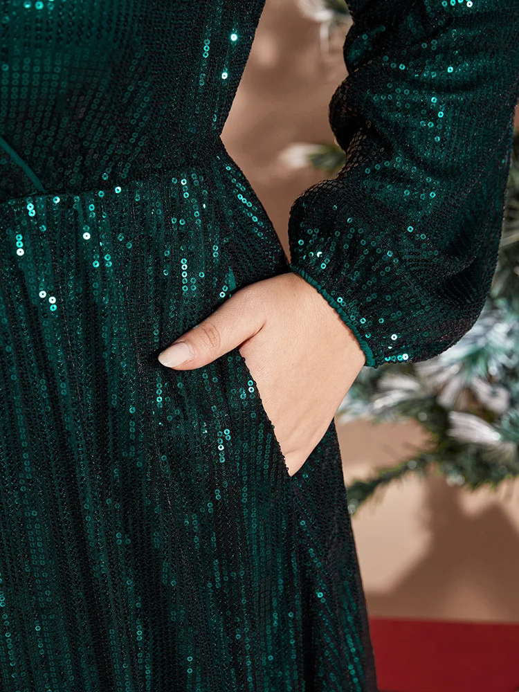 Solid Pocket Lantern Sleeve Wrap Sequin Dress - Image 11