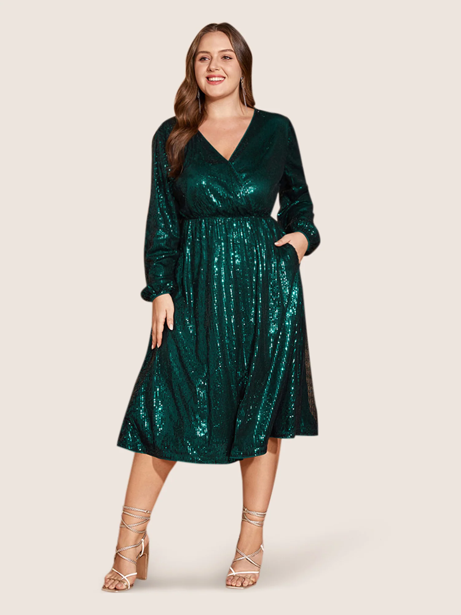 Solid Pocket Lantern Sleeve Wrap Sequin Dress - Image 15