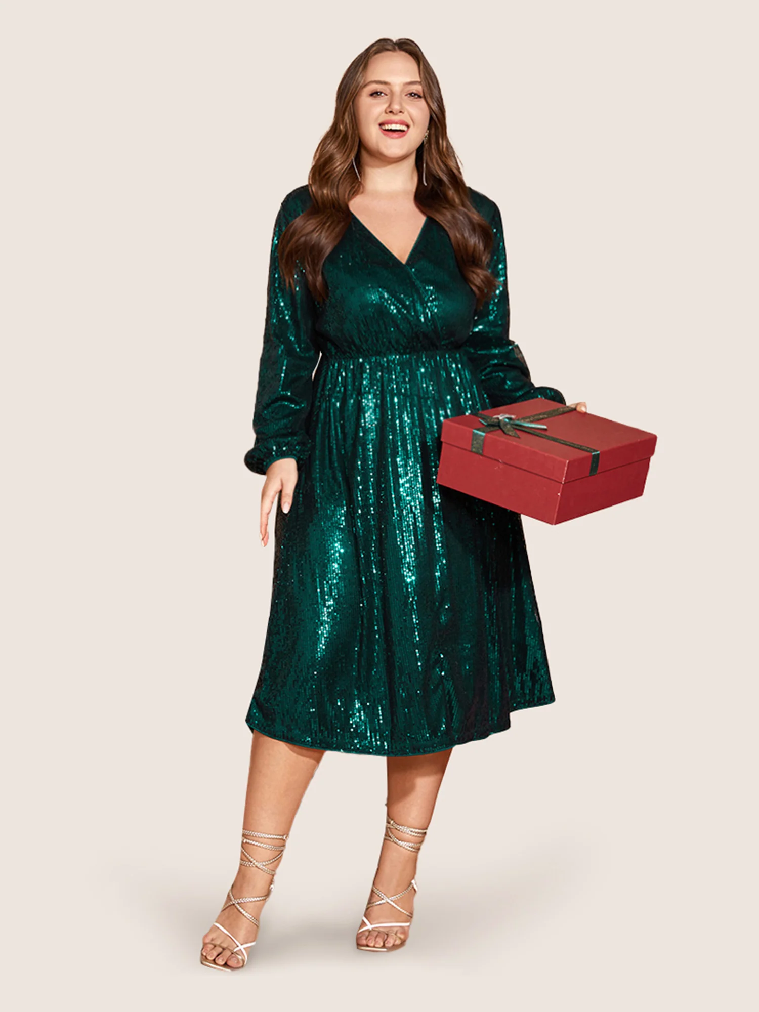 Solid Pocket Lantern Sleeve Wrap Sequin Dress - Image 16