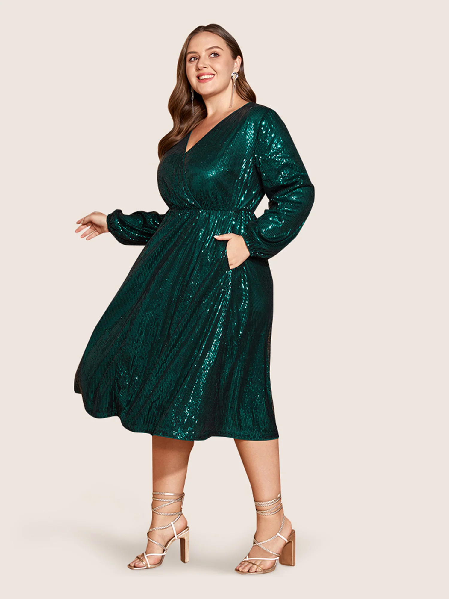 Solid Pocket Lantern Sleeve Wrap Sequin Dress - Image 17