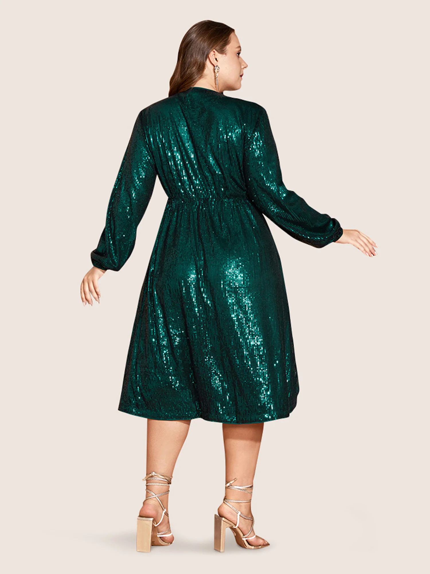 Solid Pocket Lantern Sleeve Wrap Sequin Dress - Image 18