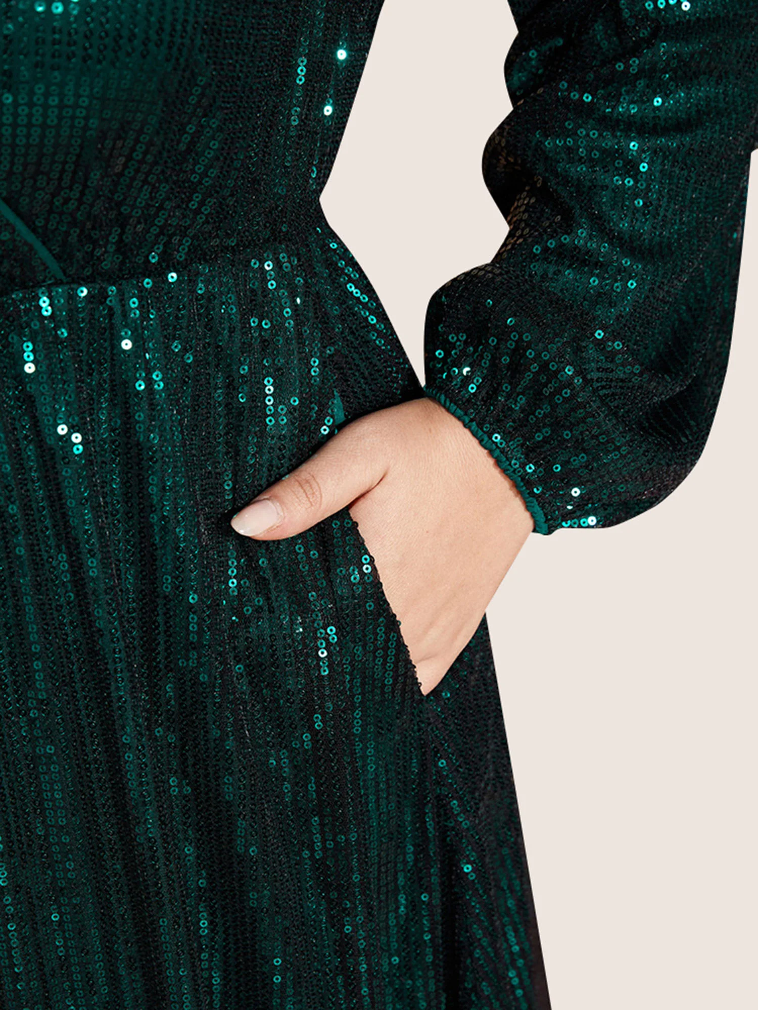 Solid Pocket Lantern Sleeve Wrap Sequin Dress - Image 21