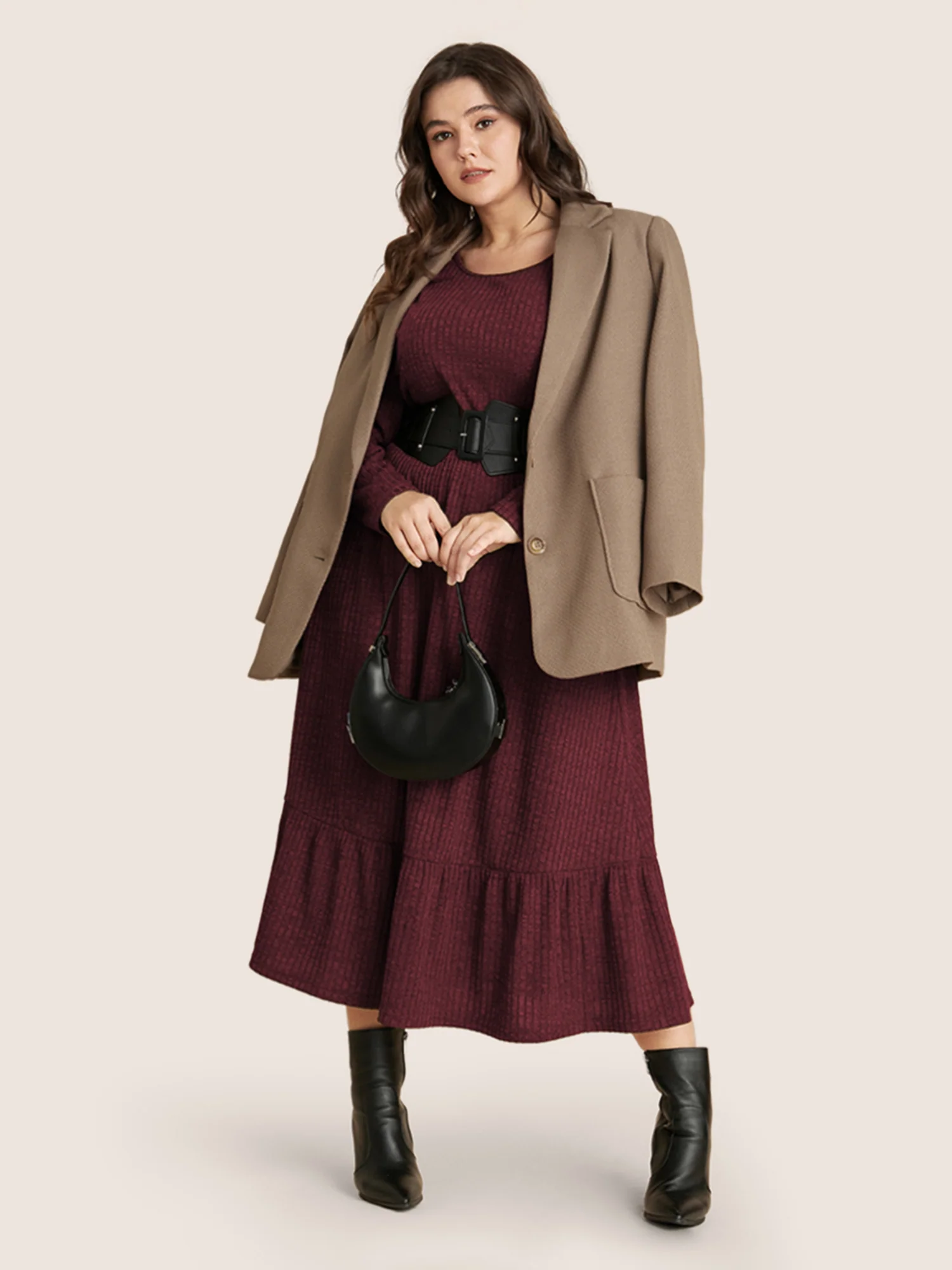 Solid Pocket Rib Knit Ruffle Hem Dress Without Belt - Image 16