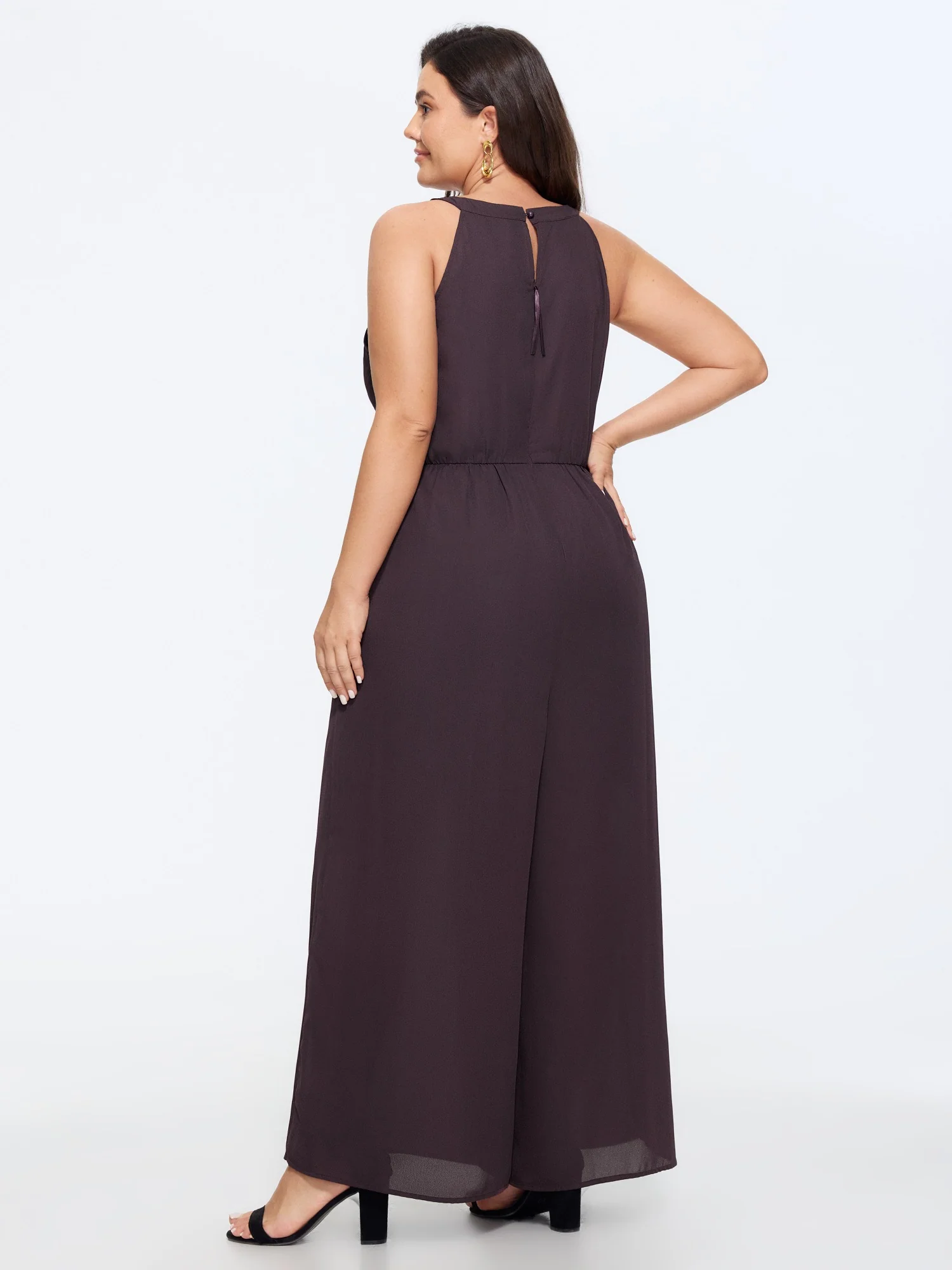 Solid Sheer Bow Halter Neck Wide Leg Jumpsuit - Image 4