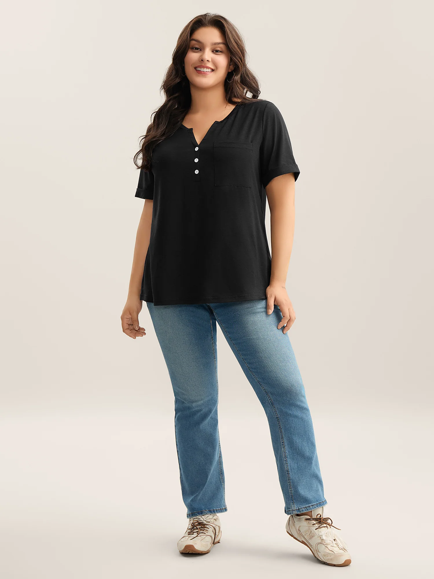 Solid Split Neck Button Detail T-Shirt - Image 3