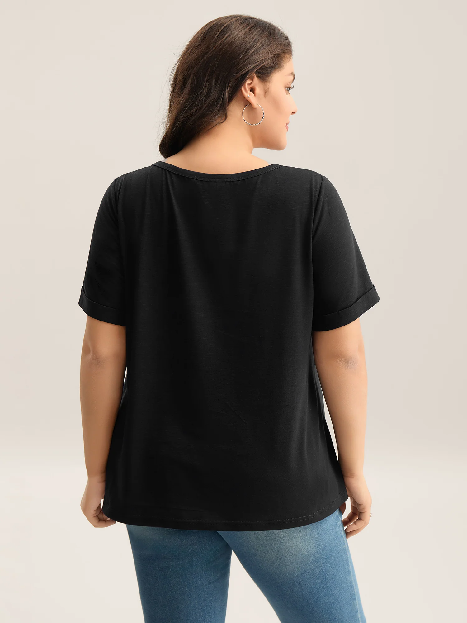 Solid Split Neck Button Detail T-Shirt - Image 4