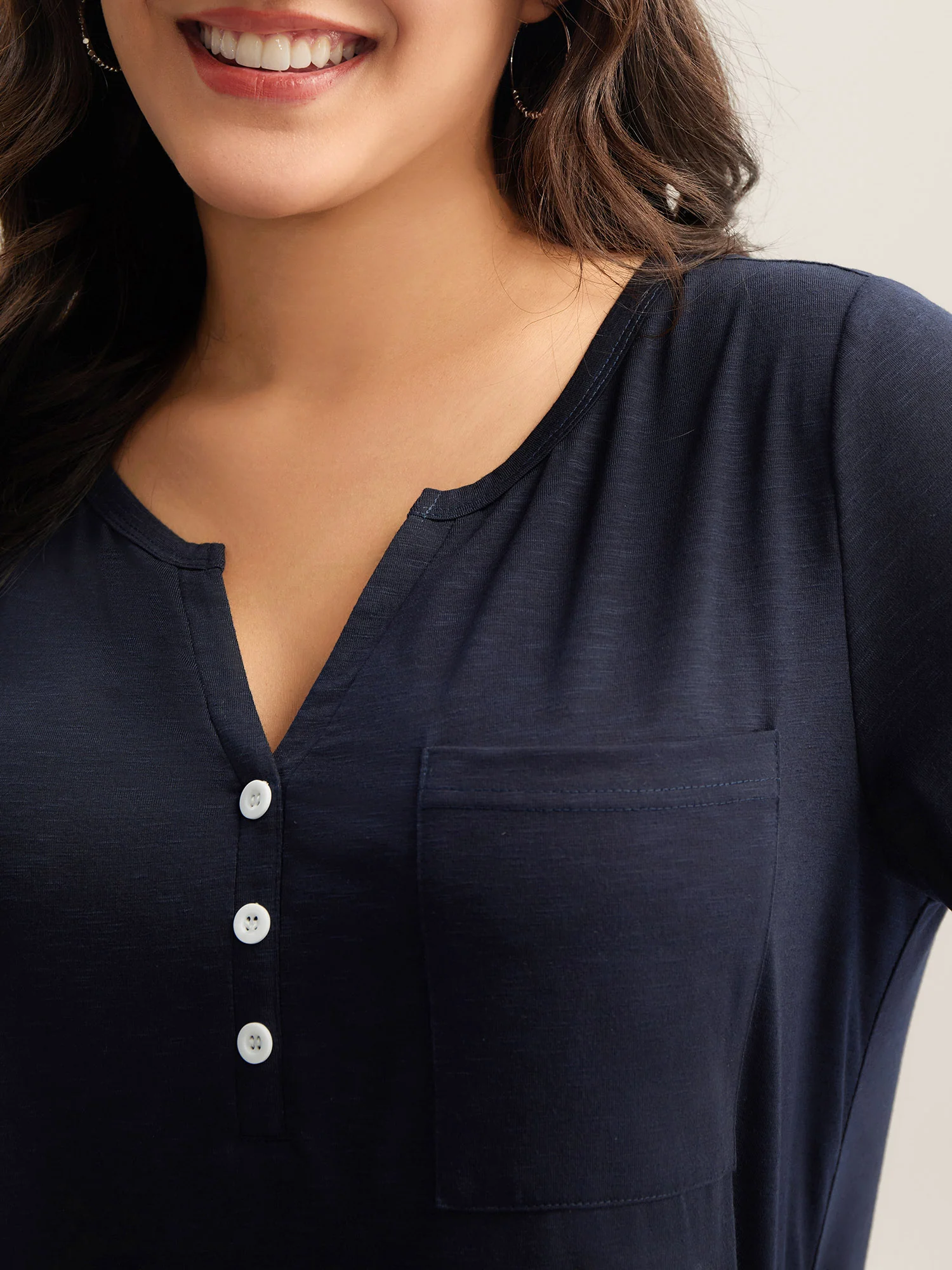 Solid Split Neck Button Detail T-Shirt - Image 6