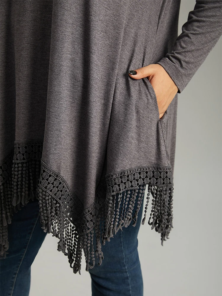 Solid Tassels Trim Pocket Asymmetrical Hem T-shirt - Image 6