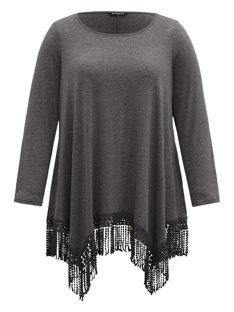 Solid Tassels Trim Pocket Asymmetrical Hem T-shirt - Image 7