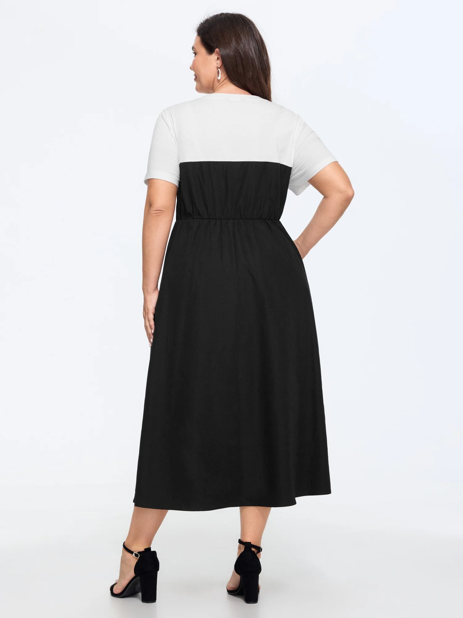 Stretchy Color Block Round Neck Midi Dress - Image 4