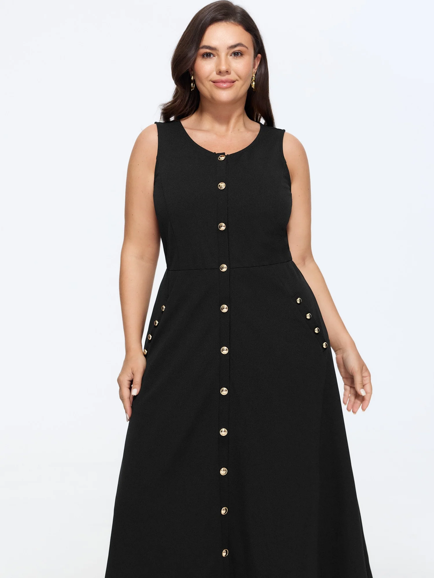 Stretchy Front Gold Button A Line Midi Dress - Image 3