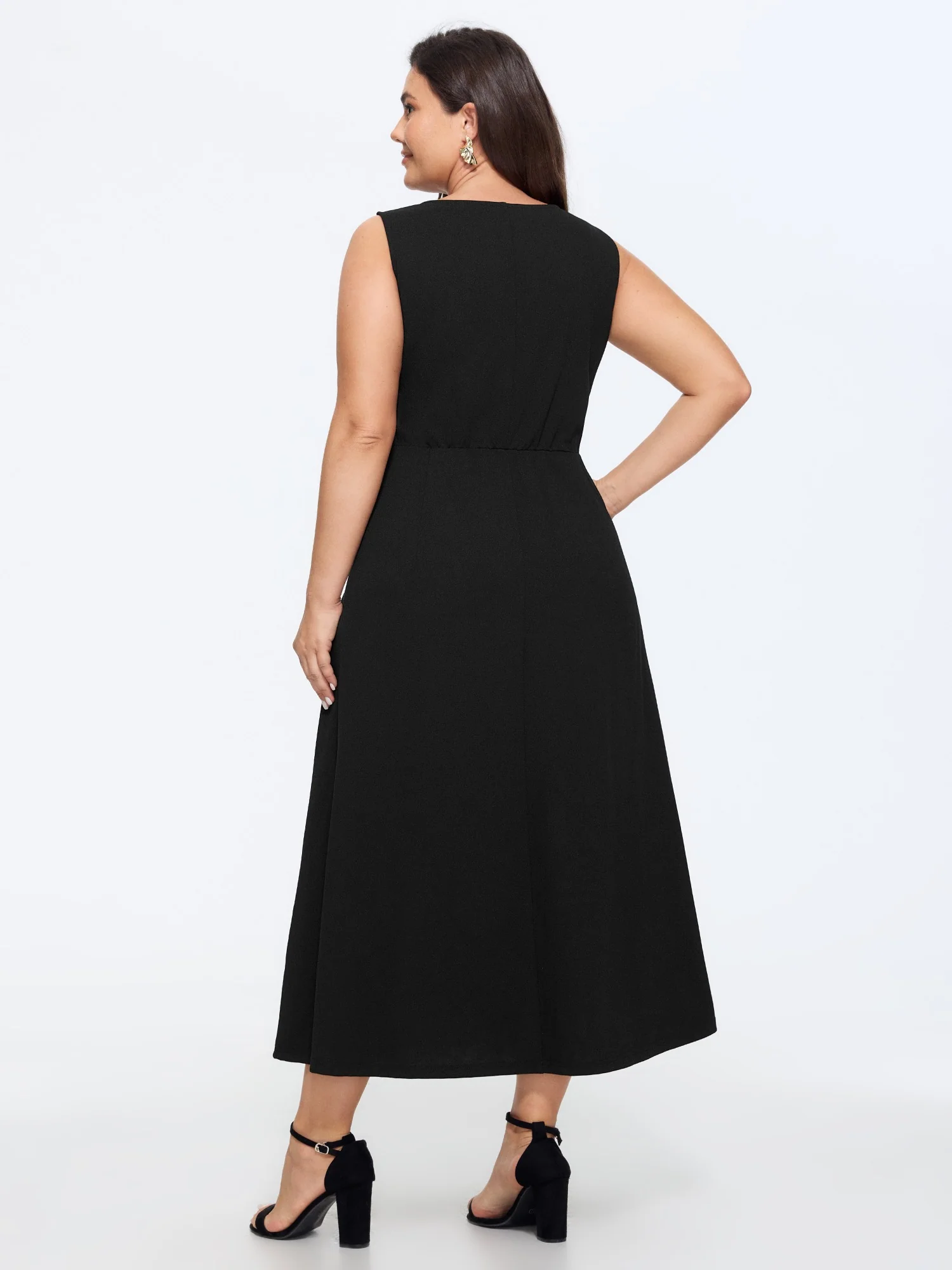Stretchy Front Gold Button A Line Midi Dress - Image 4