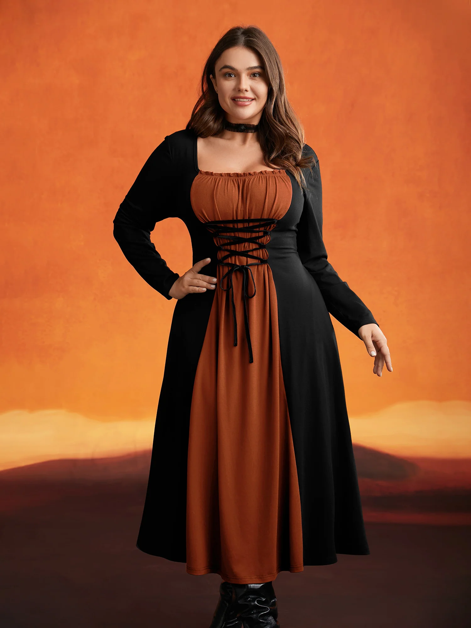 Stretchy Knit Adjustable Tie Frill Trim Midi Dress - Image 9