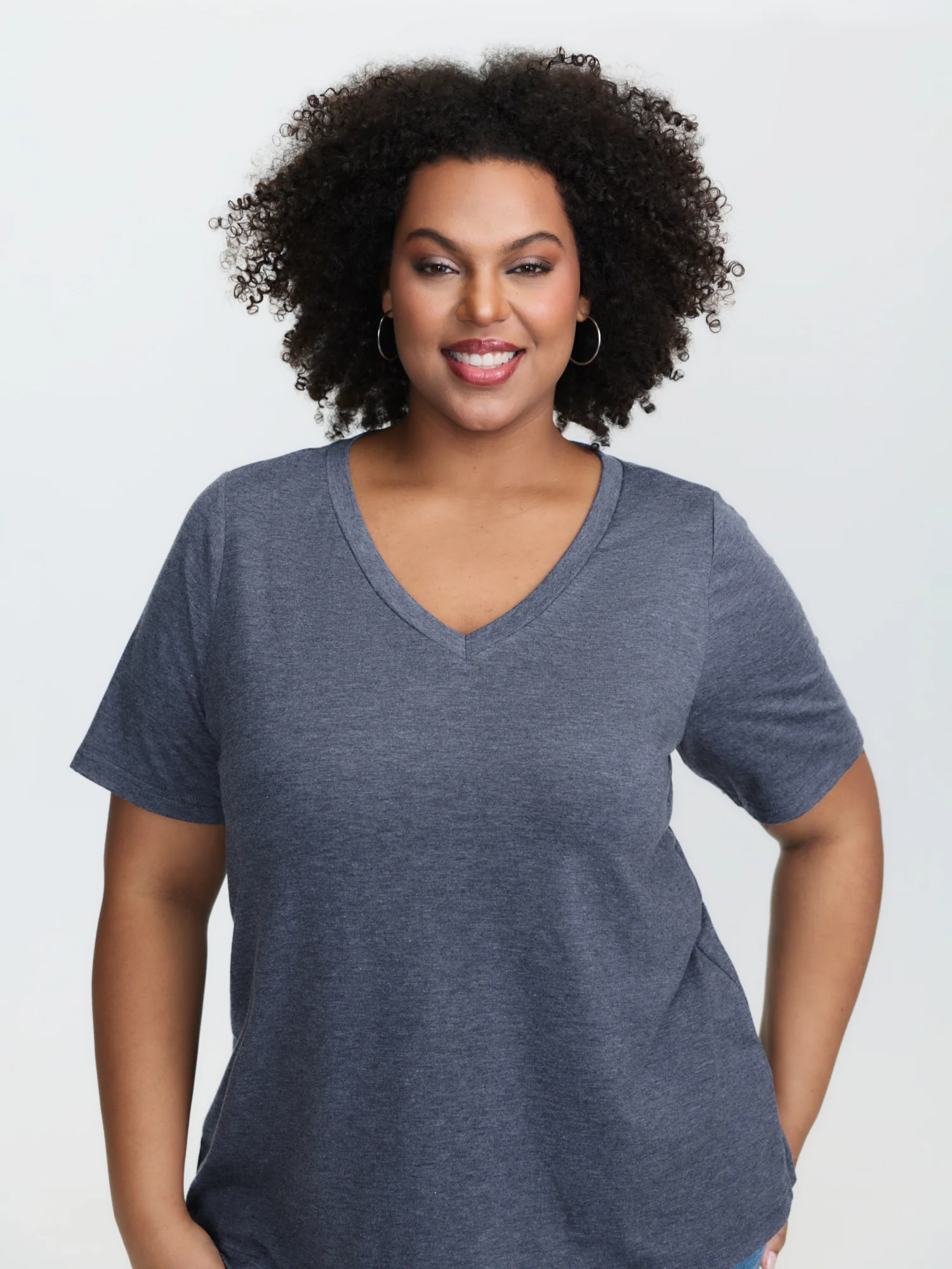 Stretchy Plain V-Neck T-Shirt - Image 2