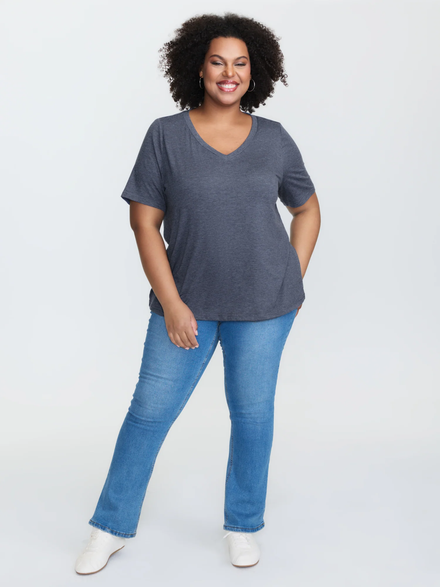 Stretchy Plain V-Neck T-Shirt - Image 3