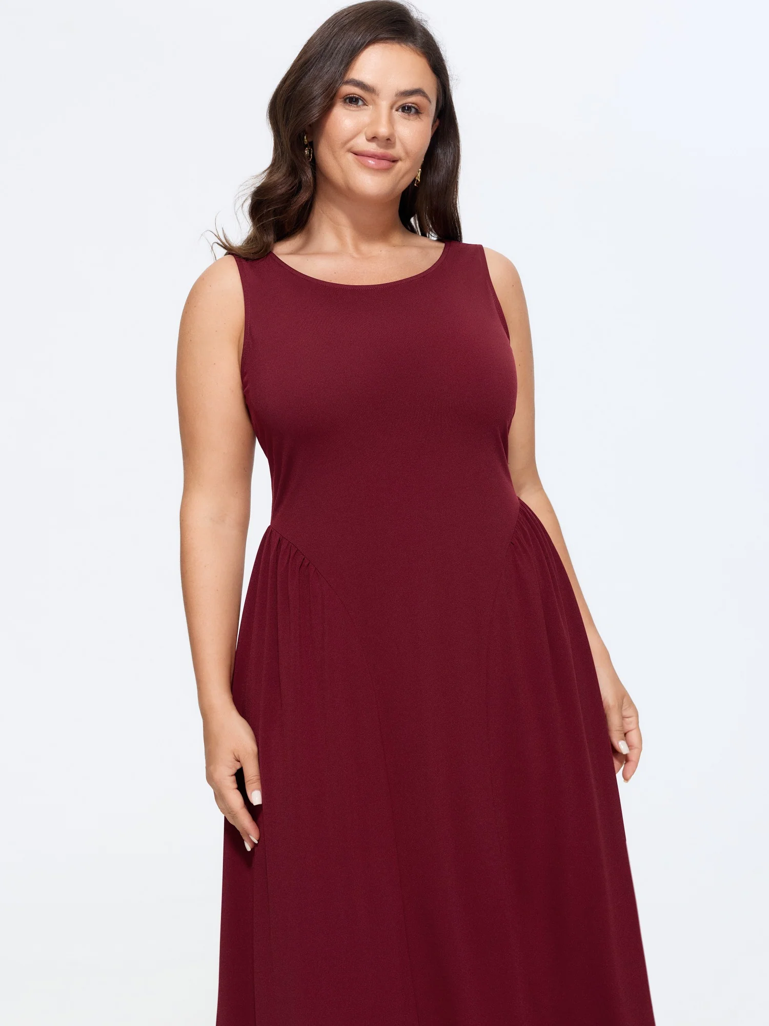 Stretchy Solid Side Ruched Sleeveless Midi Dress - Image 3