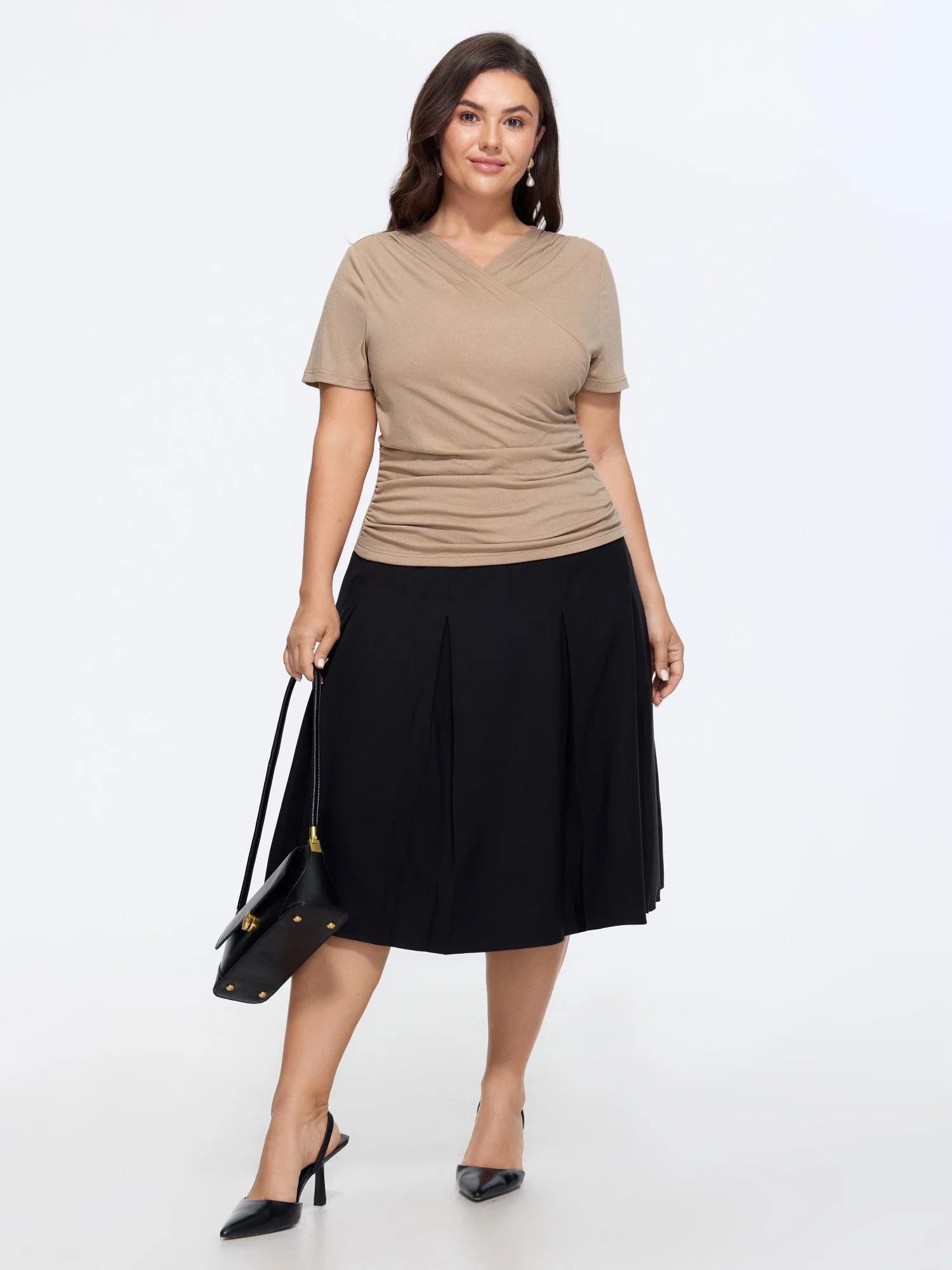 Stretchy Solid Surplice Neck Ruched Fitted Knit Top - Image 3
