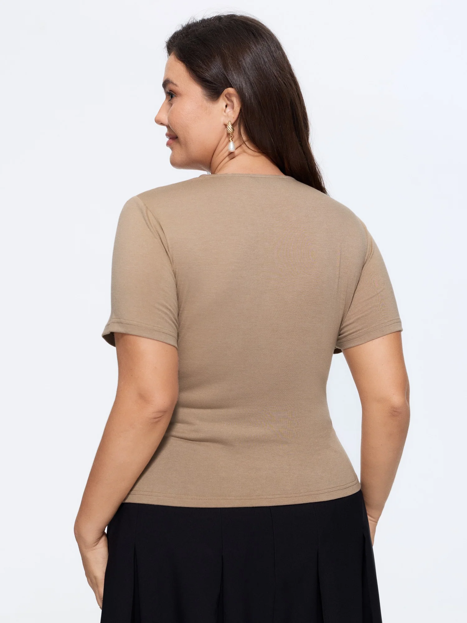 Stretchy Solid Surplice Neck Ruched Fitted Knit Top - Image 4