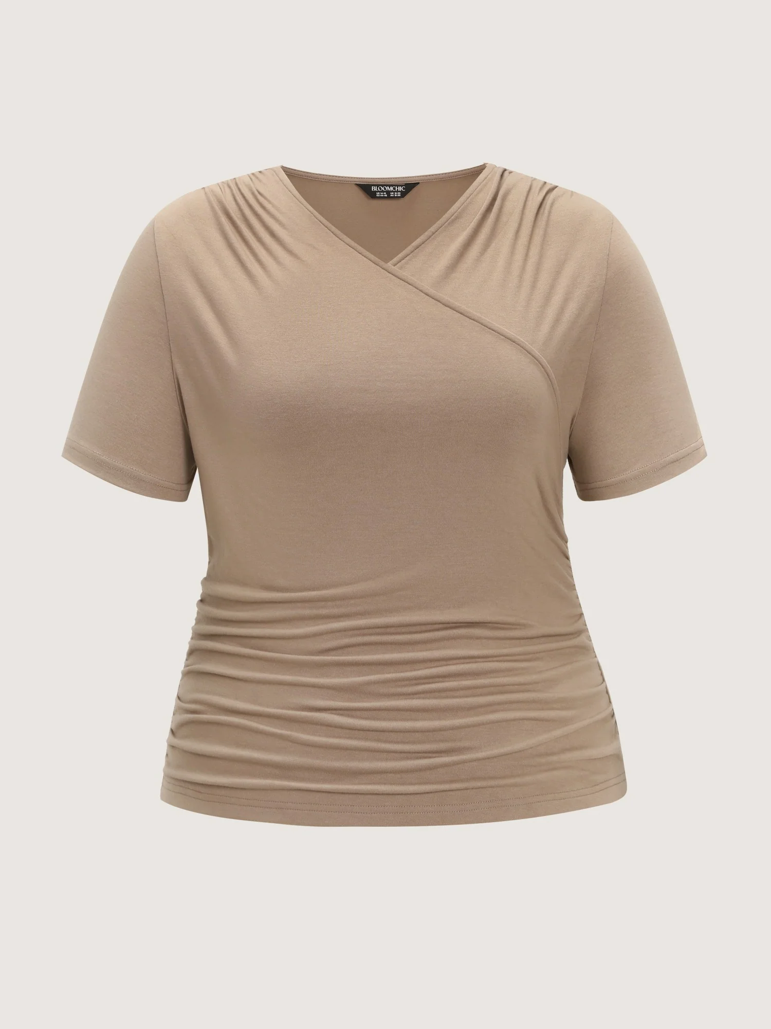 Stretchy Solid Surplice Neck Ruched Fitted Knit Top - Image 7