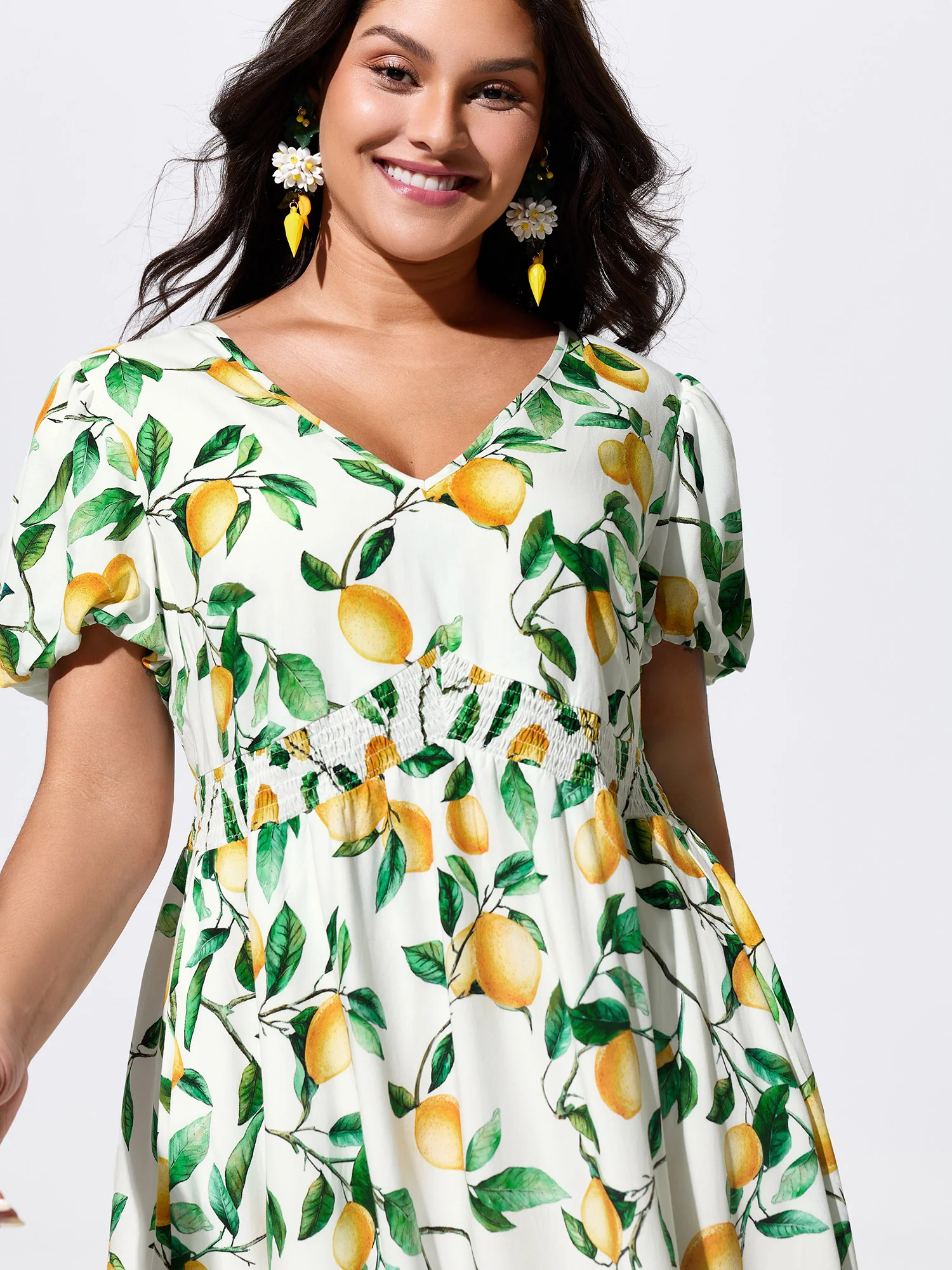 Supersoft Lemon Print Shirred Waist Mini Dress - Image 3