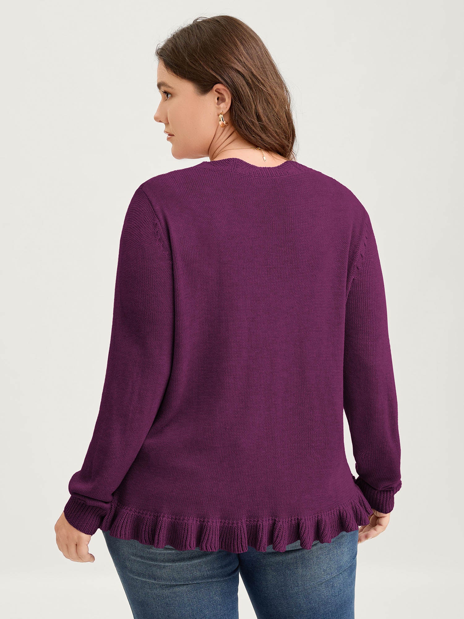 Supersoft Textured Floral Button Ruffled Hem Knit Cardigan - Image 5